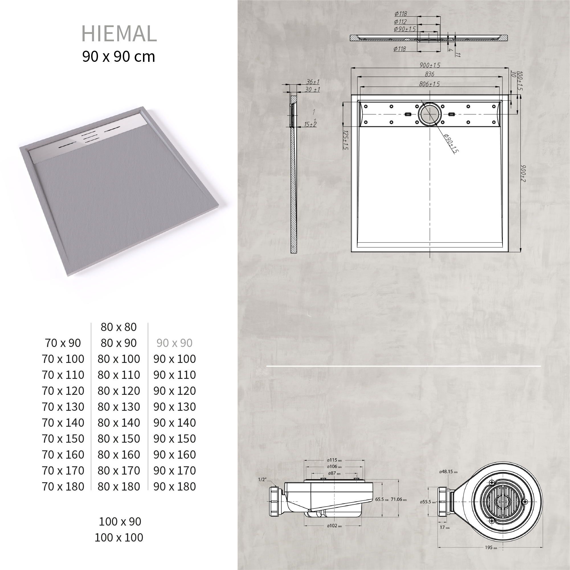 SMC Duschwanne Hiemal in Schieferoptik inkl. Ablaufgarnitur Grau mit Edelstahldeckel 90x90 cm SMC Duschwanne Hiemal in Schieferoptik inkl. Ablaufgarnitur Grau mit Edelstahldeckel 90x90 cm