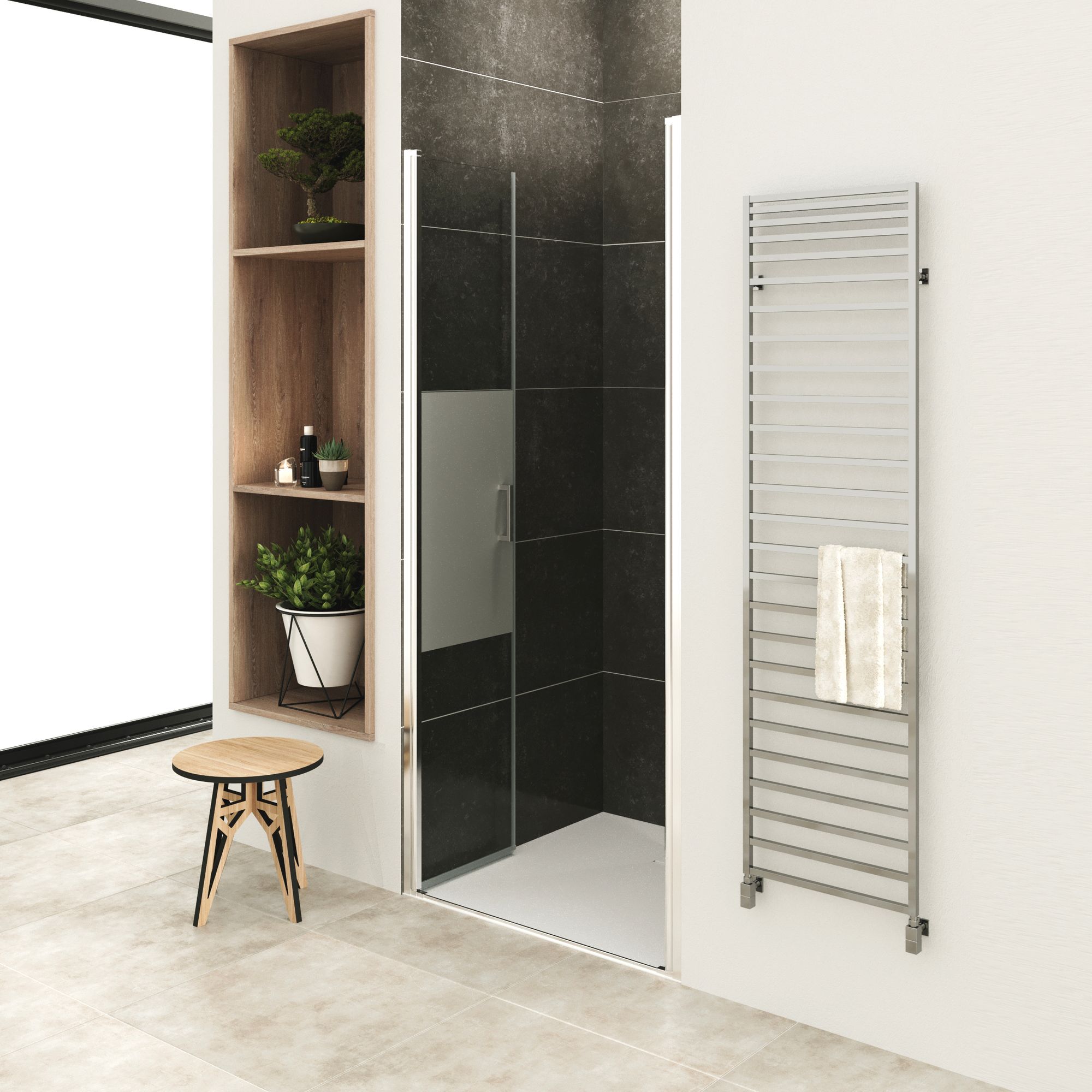 Shower Door Lara with Hinged Doors and Stainless Steel Handles, 68-104 cm, made of Partially Frosted ESG Safety Glass Shower Door Lara with Hinged Doors and Stainless Steel Handles, 68-104 cm, made of Partially Frosted ESG Safety Glass