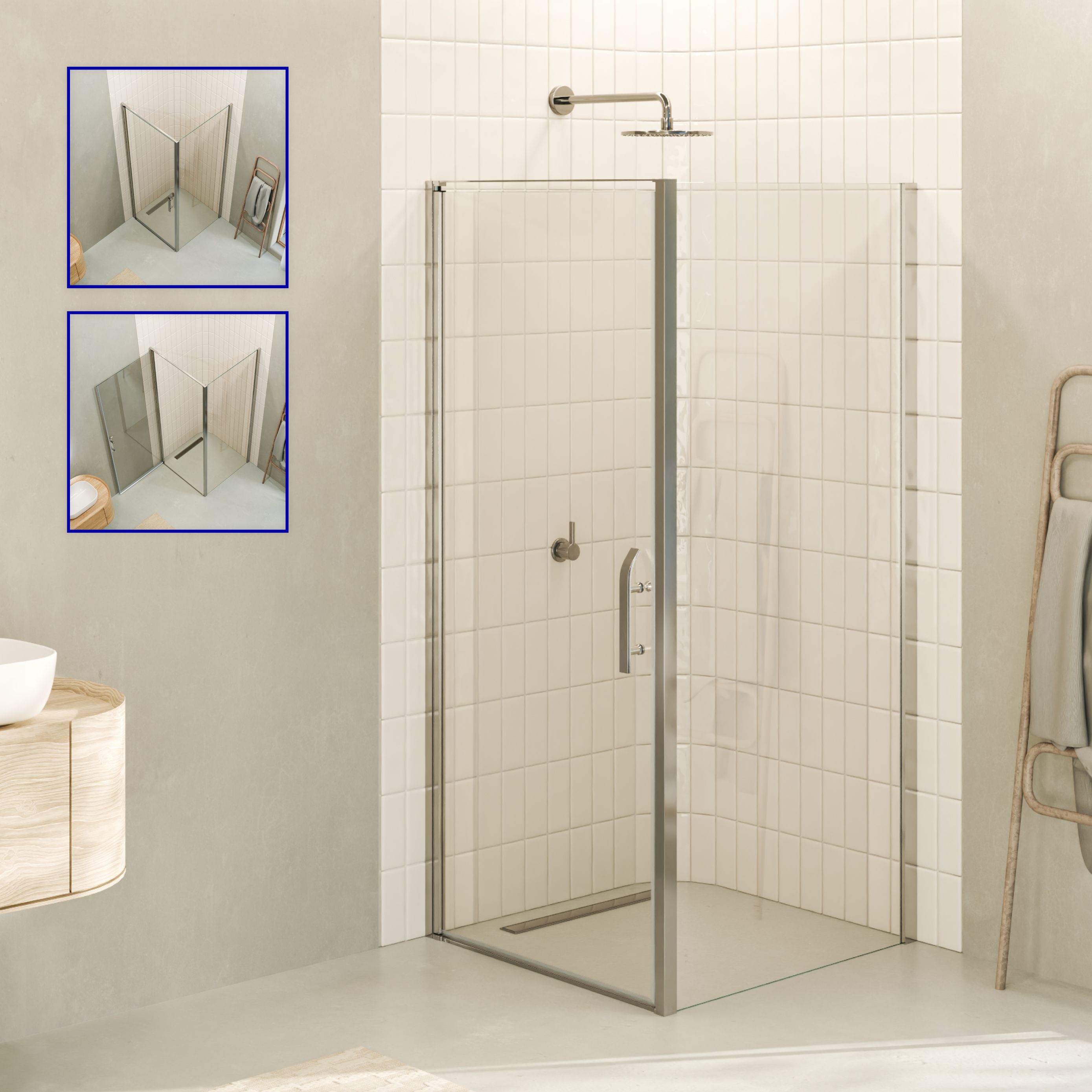 Front-entry Nicole with folding door made of 8 mm tempered safety glass. Nicole – Fronteinstieg mit Klapptür aus 8 mm ESG Sicherheitsglas