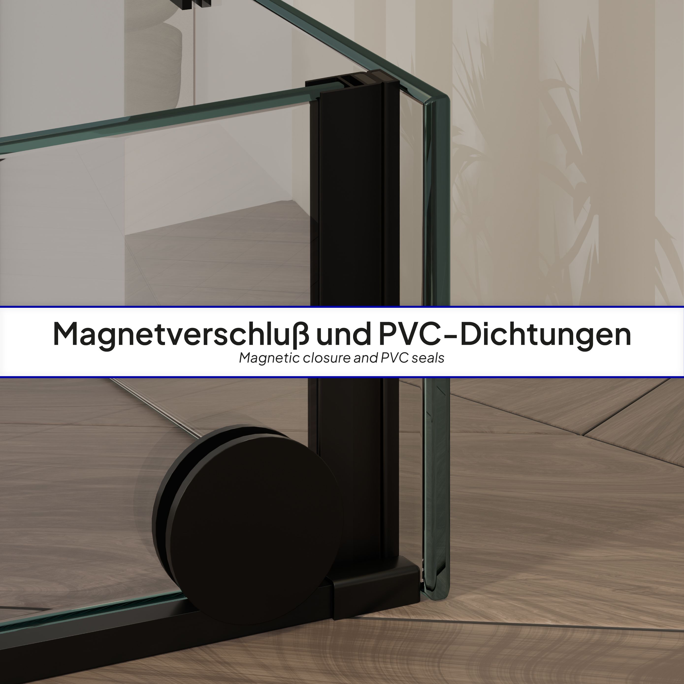 Front-entry NADINE with sliding door in black made of 8mm tempered clear glass.