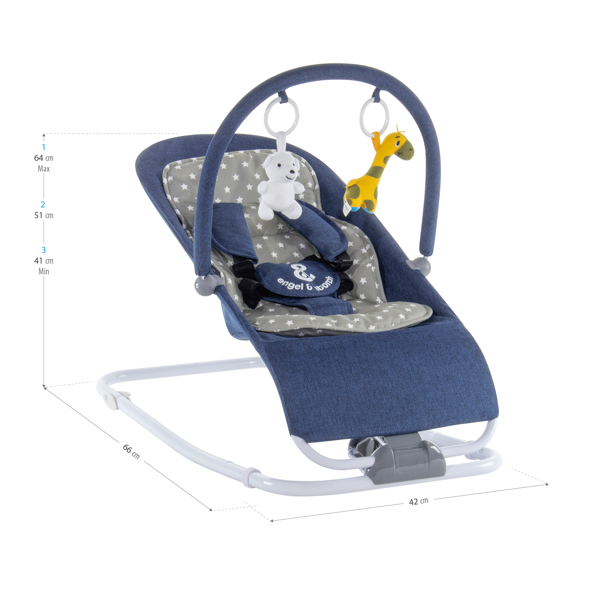 Babywippe VIENO mit abnehmbarem Bezug und Spielebogen Blau + Grau weiße Sterne