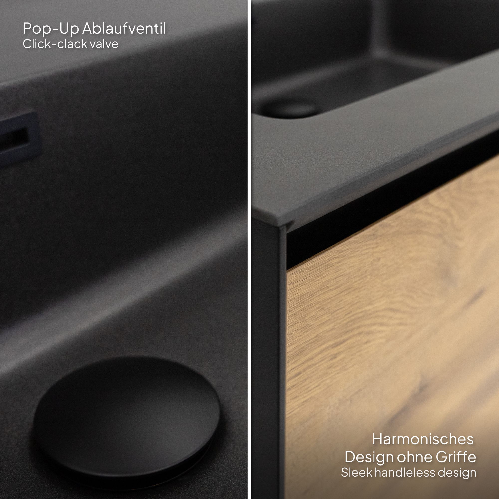 Badmöbelset Fidia mit Doppelwaschtisch – Schwarz Matt & Eiche, LED-Antibeschlagspiegel, 150/190 cm 190 cm