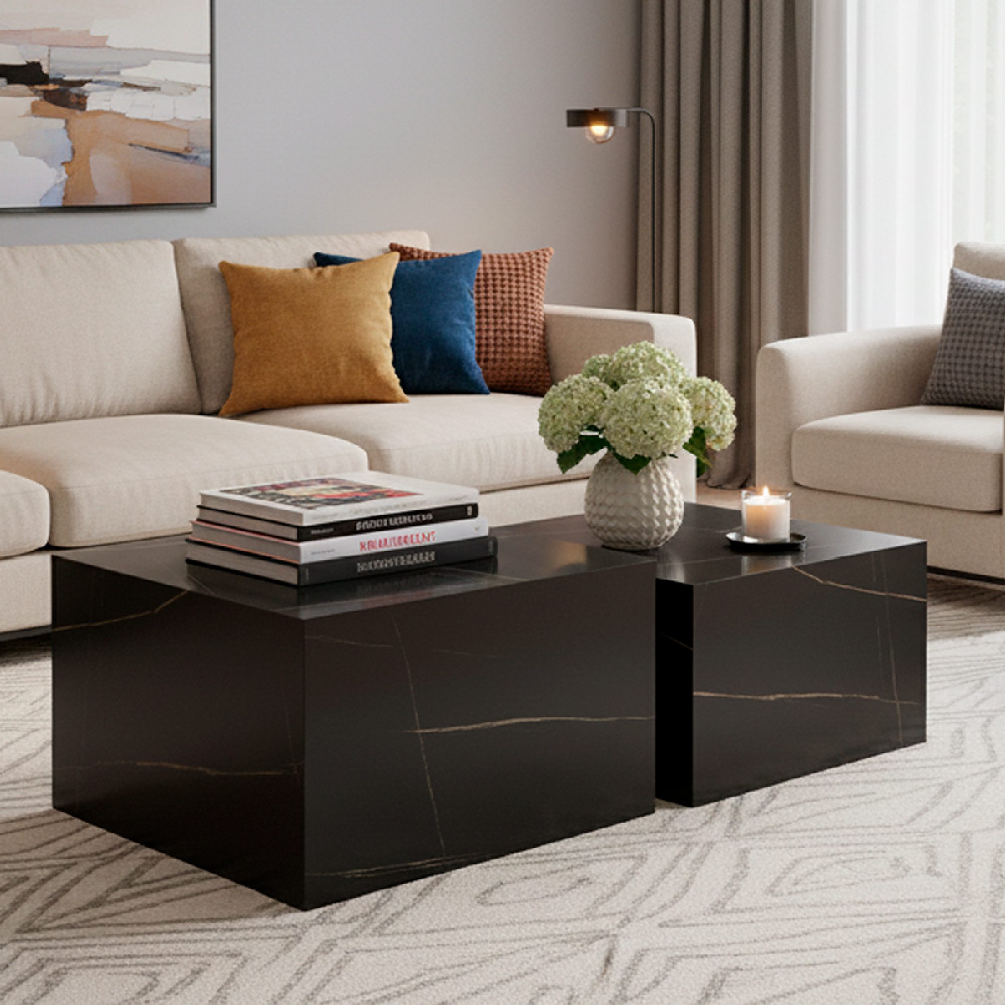 Couchtische / Beistelltisch TANEDA in Schwarz mit dekorativer Maserung - 2er Set TANEDA – Couchtische / Beistelltisch in Schwarz mit dekorativer Maserung - 2er Set