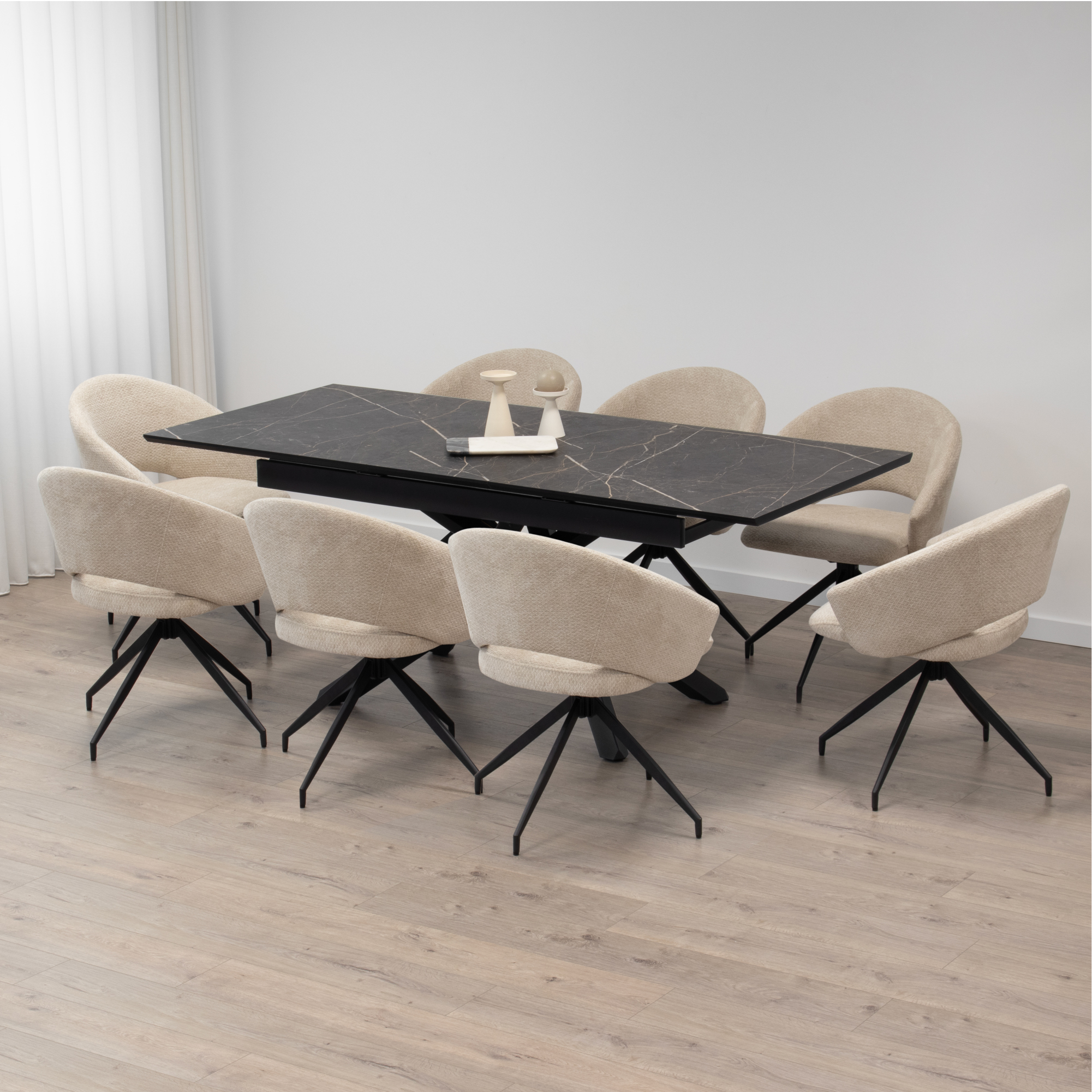 TAYLOR – Ausziehbarer Esstisch und Küchentisch mit 2,5 cm Melamin-Tischplatte in Marmoroptik und schwarzem Metallgestell TAYLOR – Ausziehbarer Esstisch und Küchentisch mit 2,5 cm Melamin-Tischplatte in Marmoroptik und schwarzem Metallgestell