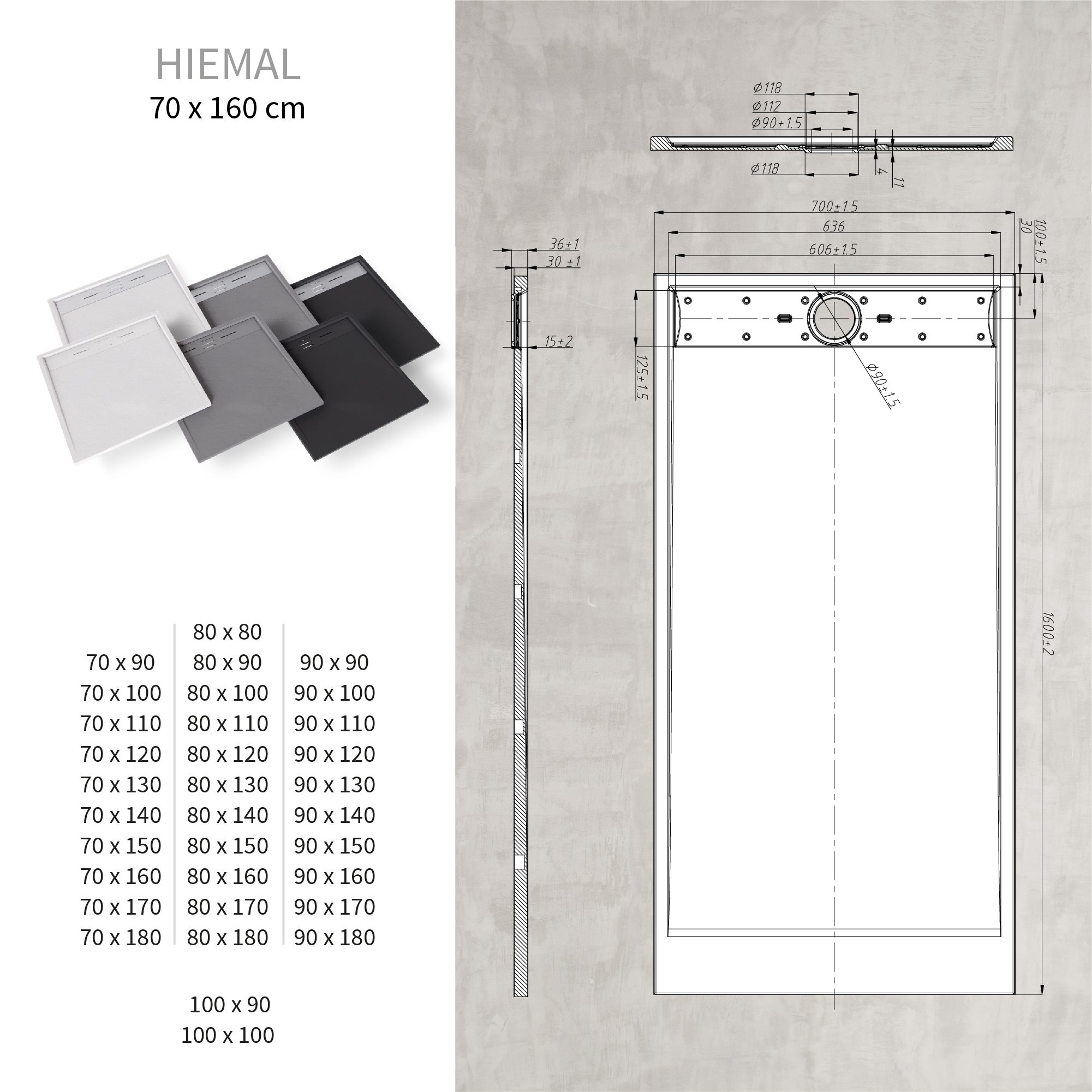 SMC Shower Tray Hiemal in Slate Finish, Including Gray Drain Assembly