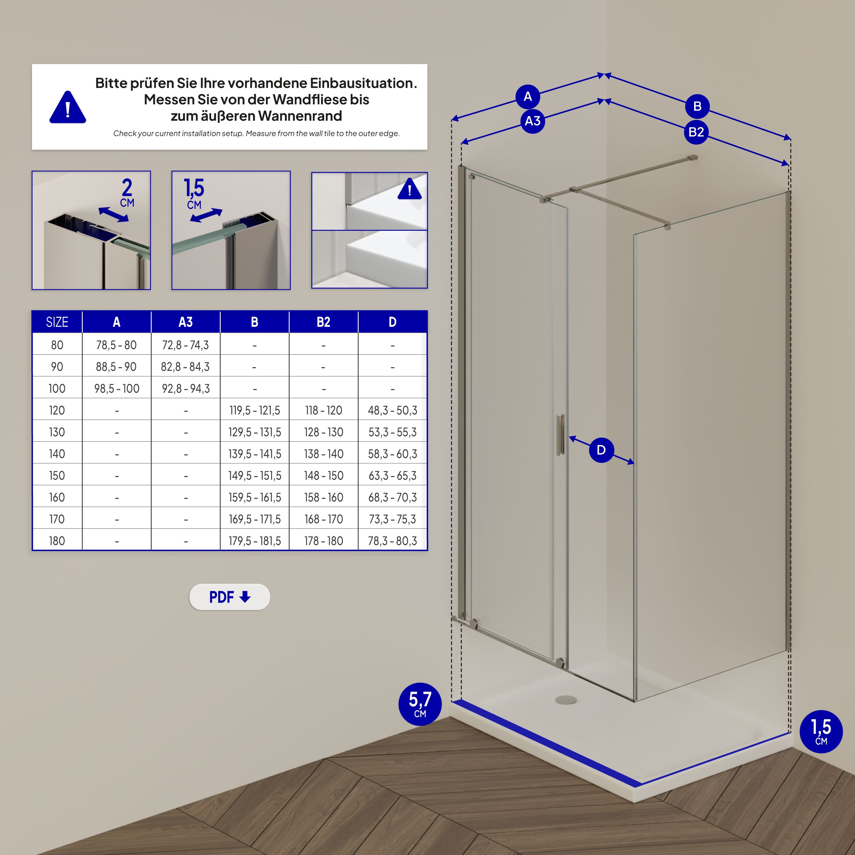 Front-entry NADINE with sliding door in chrome made of 8mm tempered clear glass.