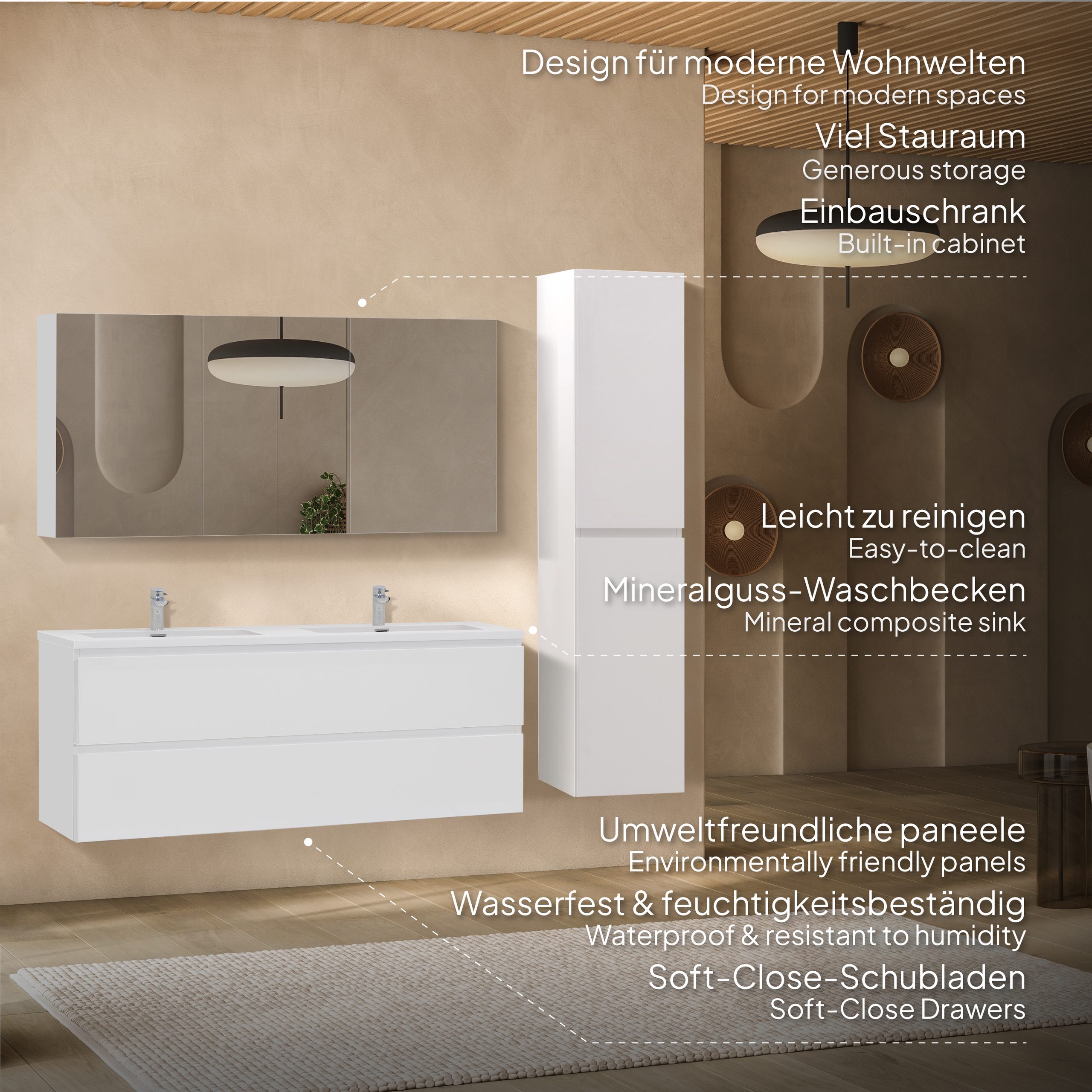 Badmöbel-Set Atena [120 cm] mit Mineralharz-Waschbecken in Hochglanz Weiß, Unterschrank mit Spiegel und hängendem Hochschrank in Weiß