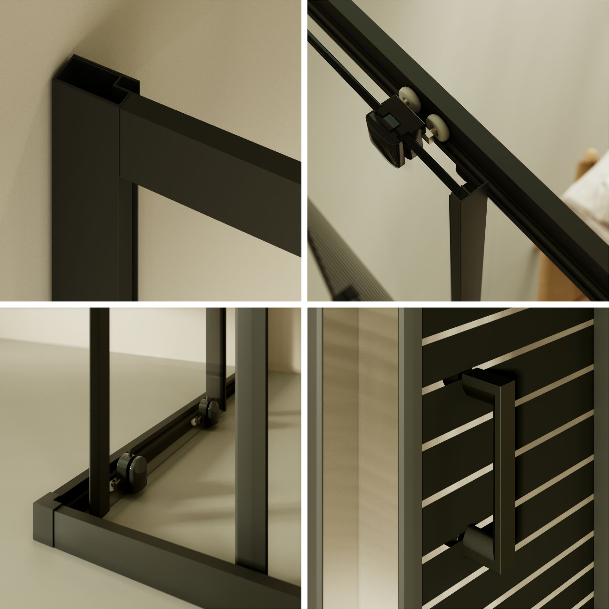 Eckeinstieg Danielle mit Schiebetüren aus schwarz gestreiftem ESG Sicherheitsglas Eckeinstieg Danielle mit Schiebetüren aus schwarz gestreiftem ESG Sicherheitsglas