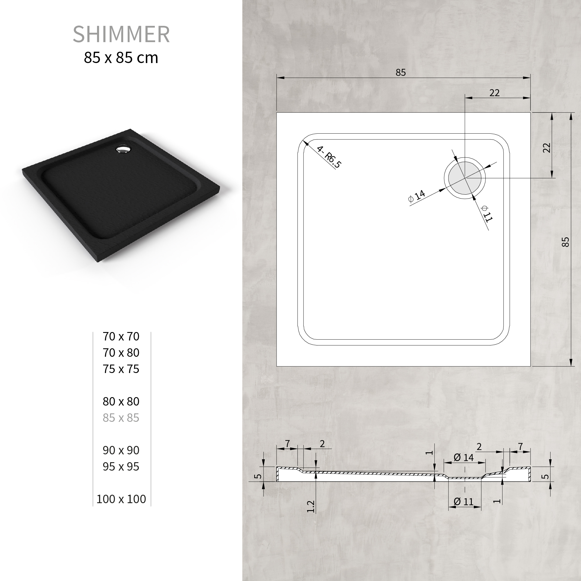 Duschwanne Shimmer STONE aus Sanitäracryl inkl. Ablaufgarnitur - Schwarz 85x85 cm Duschwanne Shimmer STONE aus Sanitäracryl inkl. Ablaufgarnitur - Schwarz 85x85 cm