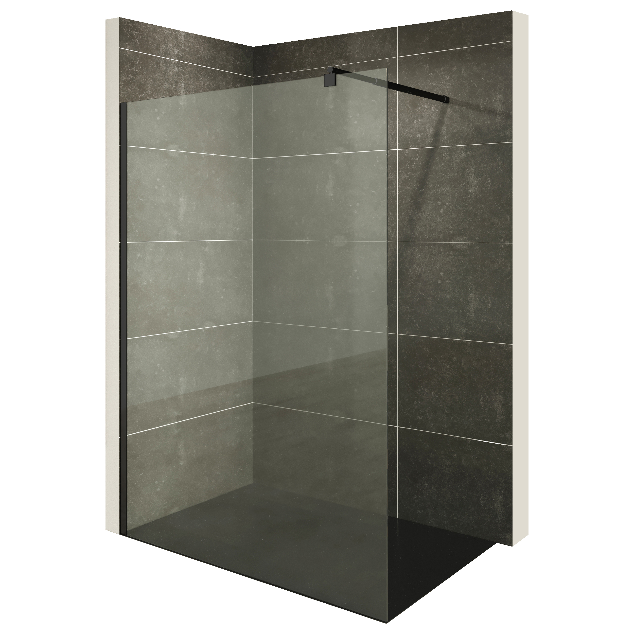 Walk-In Shower Fiona made of 10 mm thick ESG safety glass and black aluminum profile.