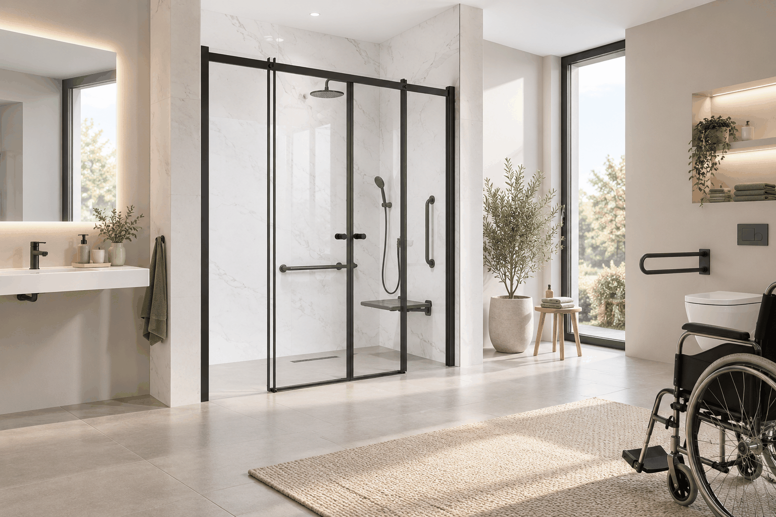 Modernes barrierearmes Badezimmer mit Duschlösung und offenem Waschbereich