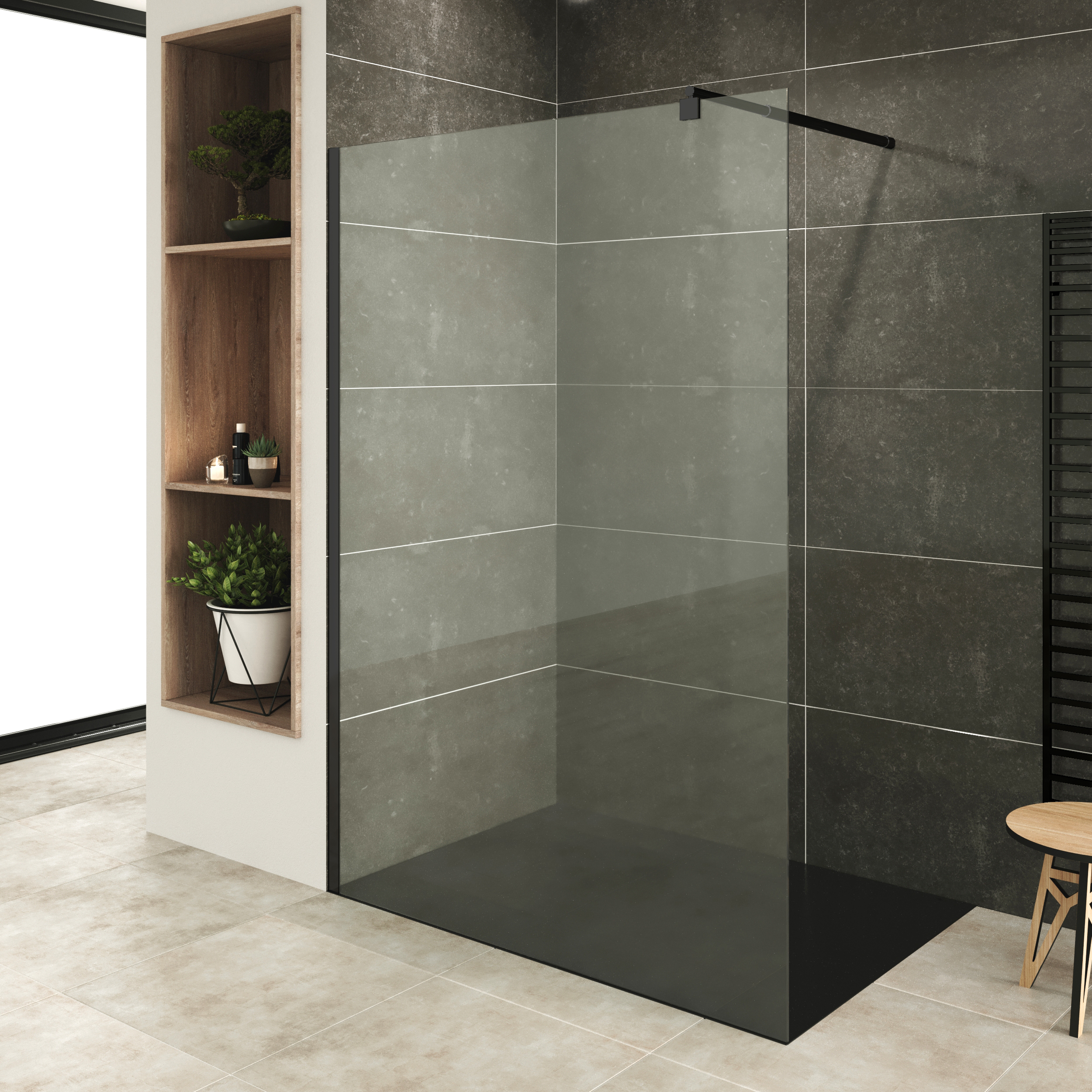 Walk-In Shower Fiona made of 10 mm thick ESG safety glass and black aluminum profile. Walk-In Shower Fiona made of 10 mm thick ESG safety glass and black aluminum profile.