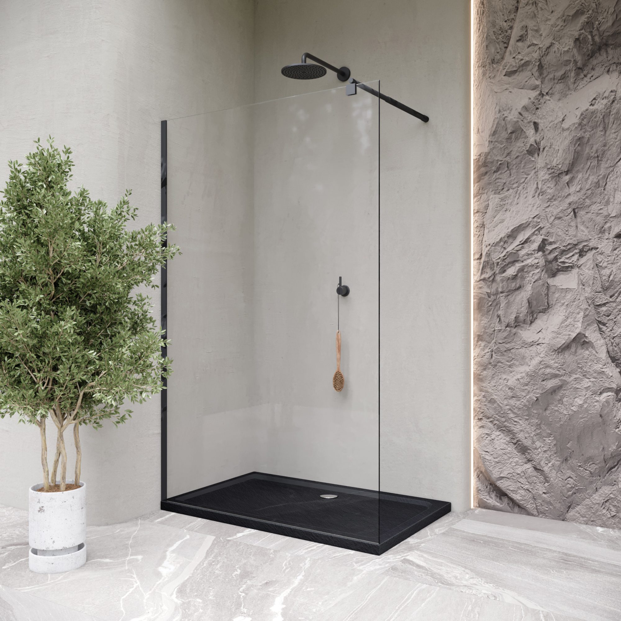 Tray – Shower Shimmer STONE made of sanitary acrylic, including waste fitting - Black