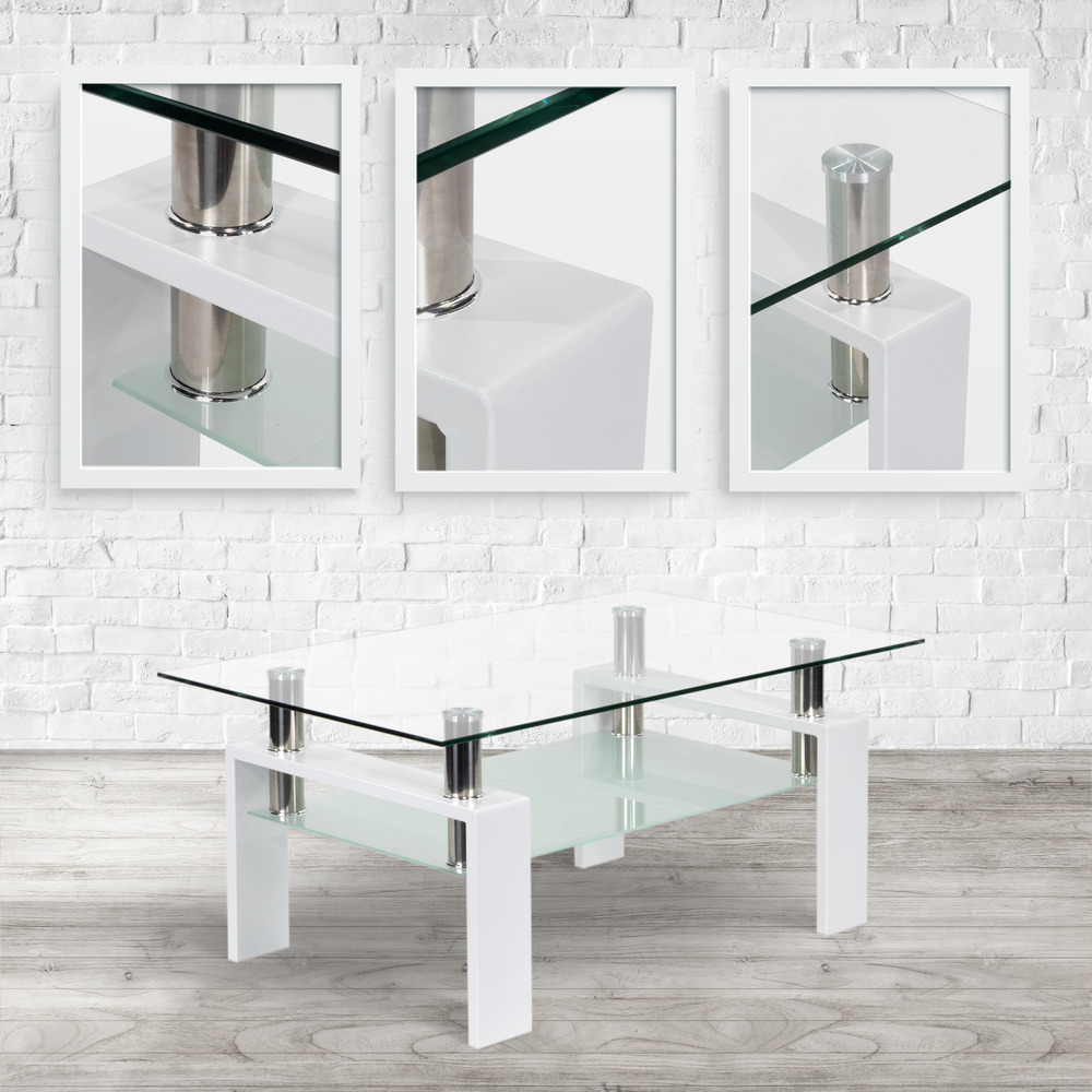 Couchtisch PORTER aus Glas/Metall mit weißem Holz PORTER – Coffee Table made of Glass/Metal with White Wood