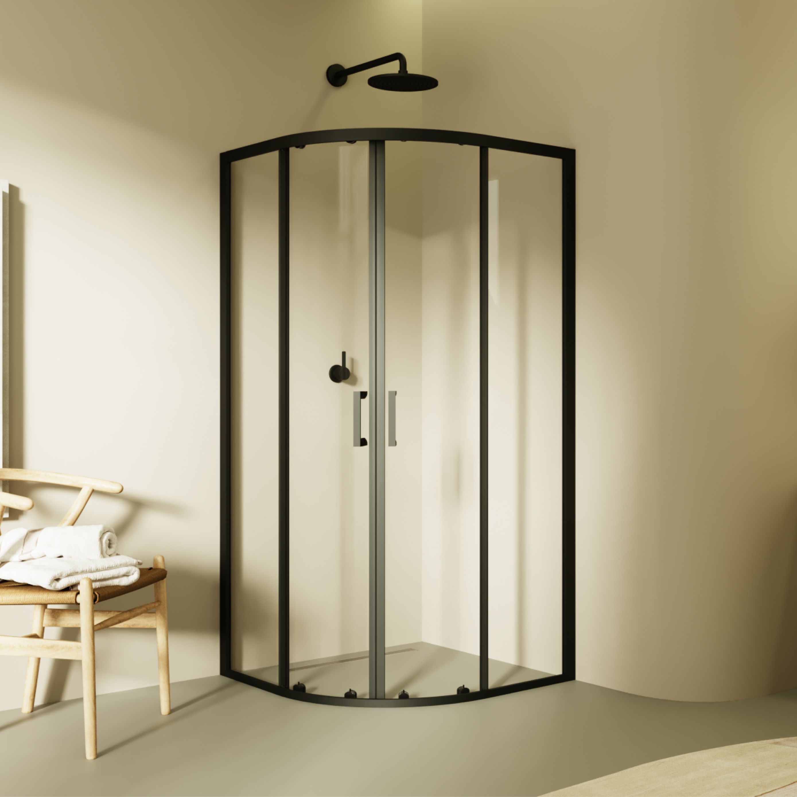 Quarter Circle Shower Ella with Sliding Doors and Black Profiles Made of ESG Safety Glass Ella – Viertelkreisdusche mit Schiebetüren und schwarzen Profilen aus ESG Sicherheitsglas