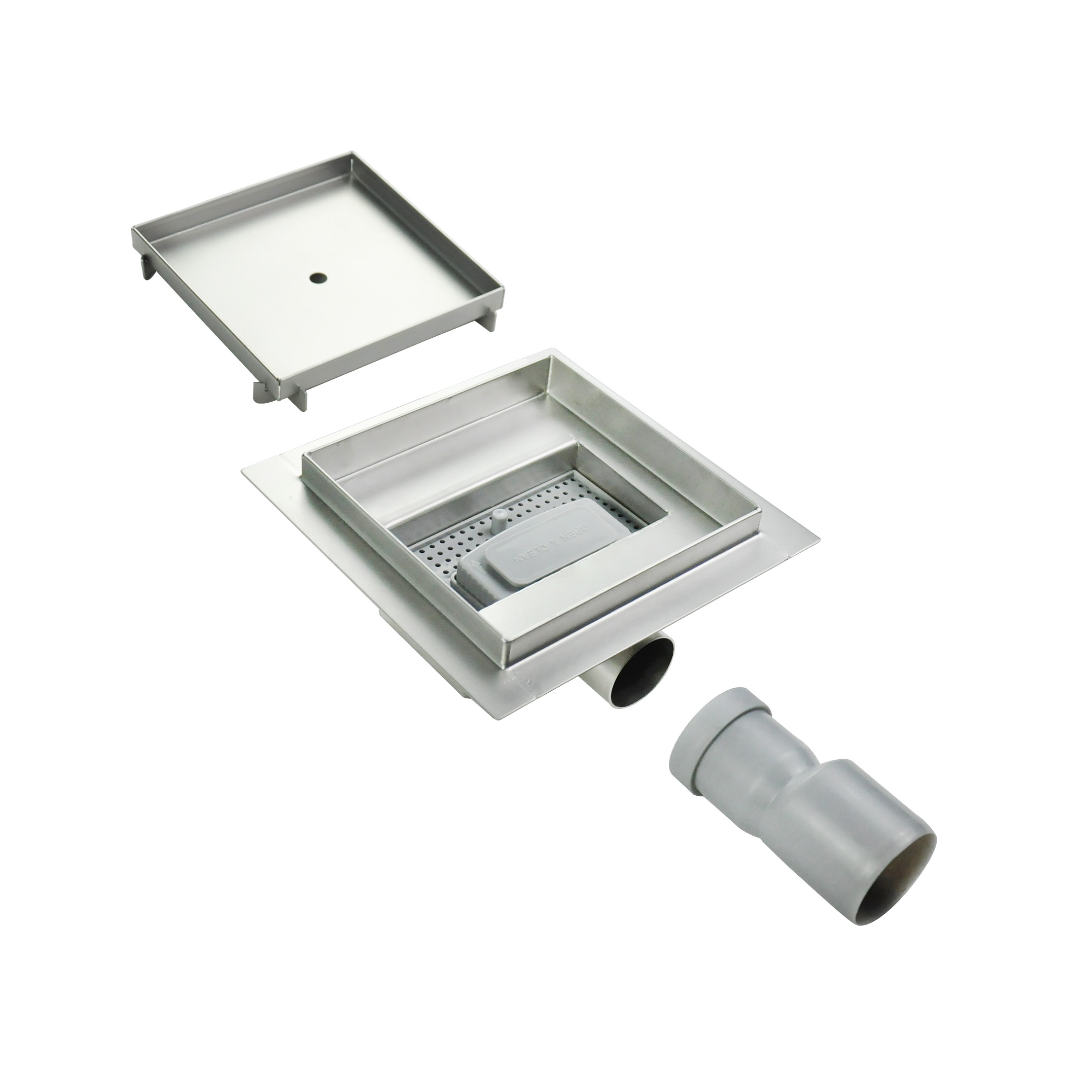 Quadratische Duschrinne Bodenablauf 2 in 1 Befliesbar aus Edelstahl sehr flach Q2