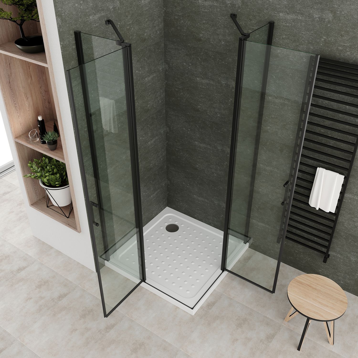 Eckeinstieg Linda mit Klapptüren und schwarzen Profilen aus ESG Sicherheitsglas