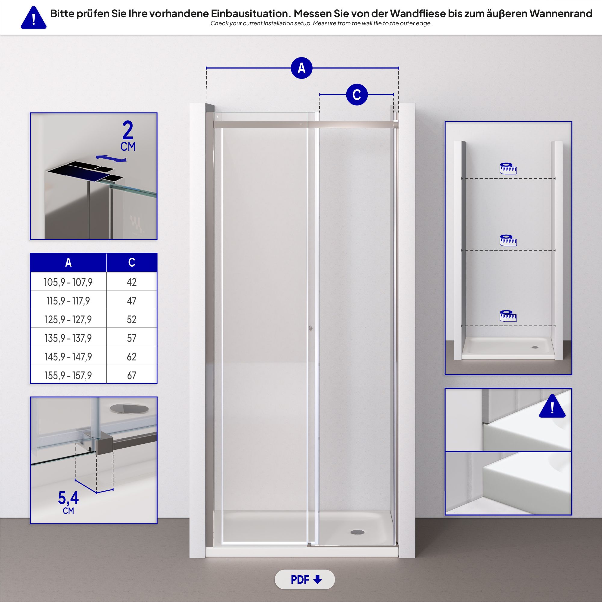 Shower Door Niche Door Kaylee with Sliding Door made of 6mm Tempered Clear Glass