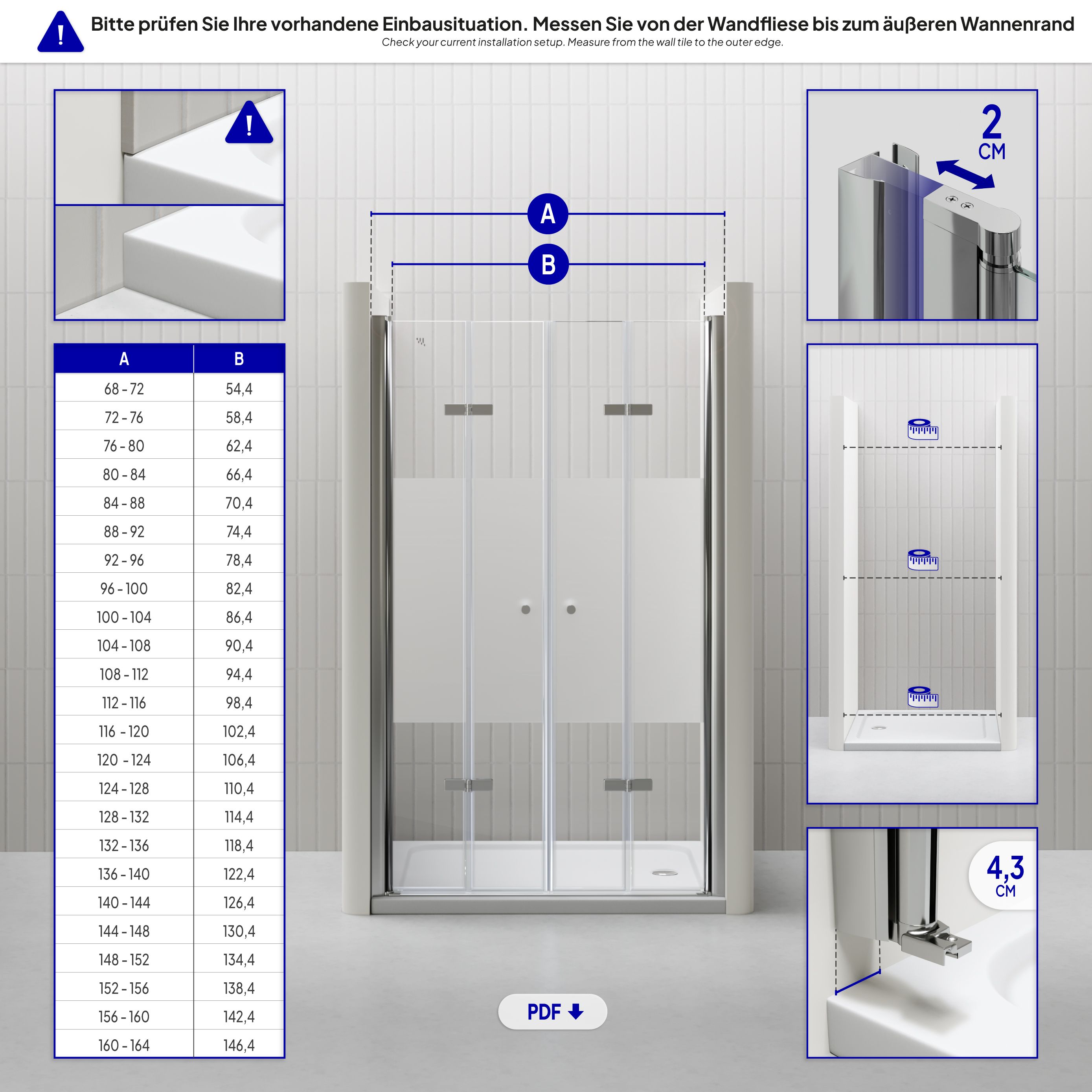 Shower Door Lena with Folding Panels made of Partially Frosted ESG Safety Glass