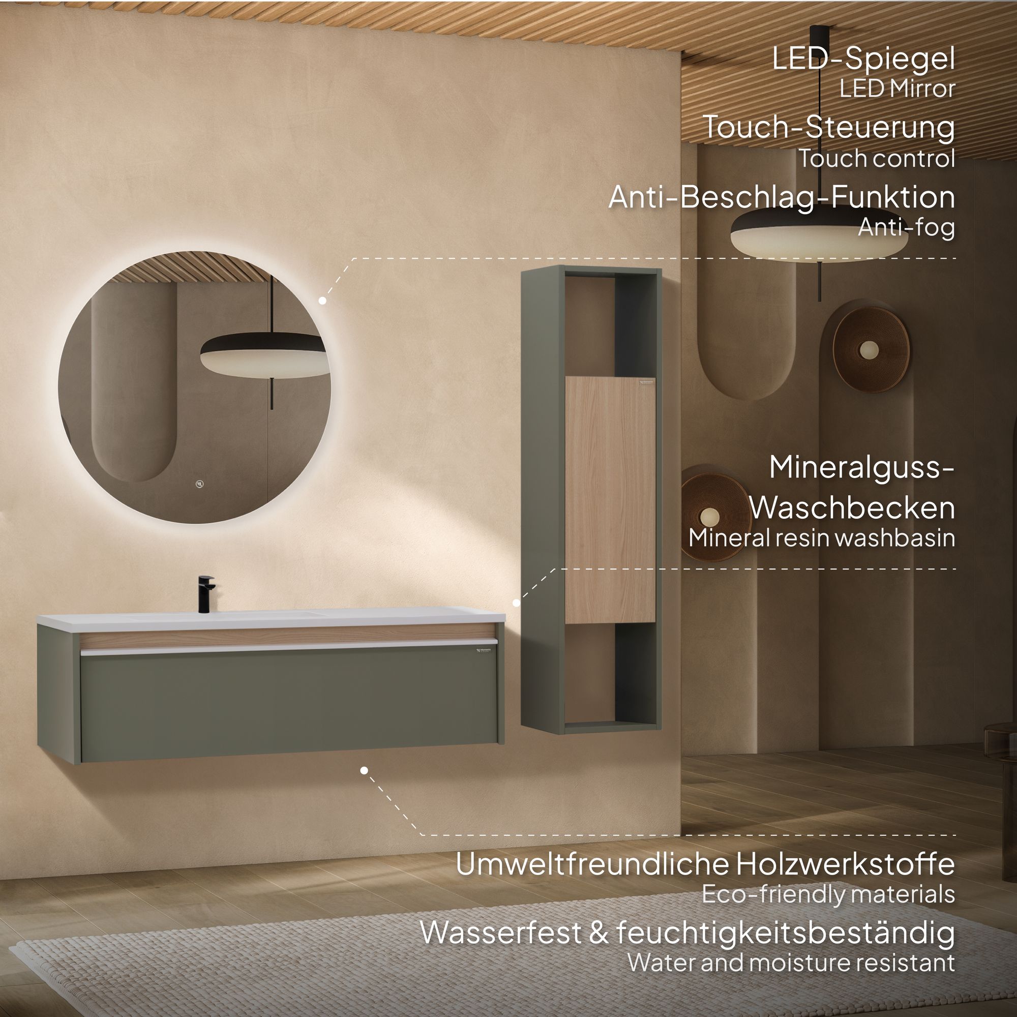 Badezimmermöbel Nereia – 100 cm Unterschrank Eiche hell + LED-Rundspiegel