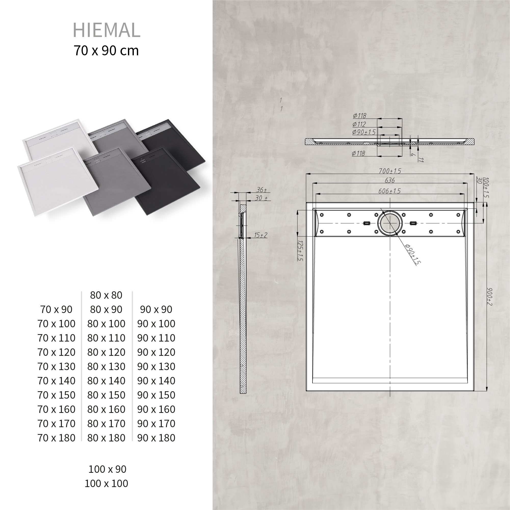 SMC Shower Tray Hiemal in Slate Look, including White Drain Assembly