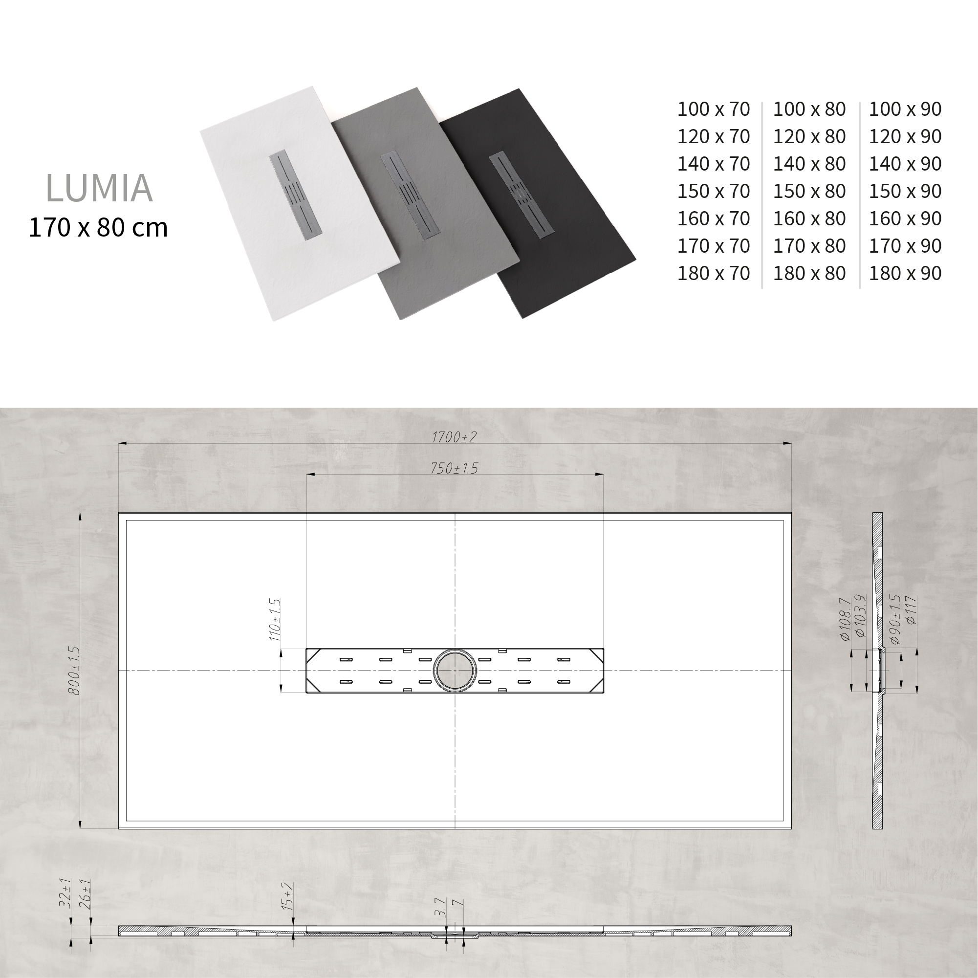 Tray – SMC Shower Lumia in Slate Finish with White Waste Set