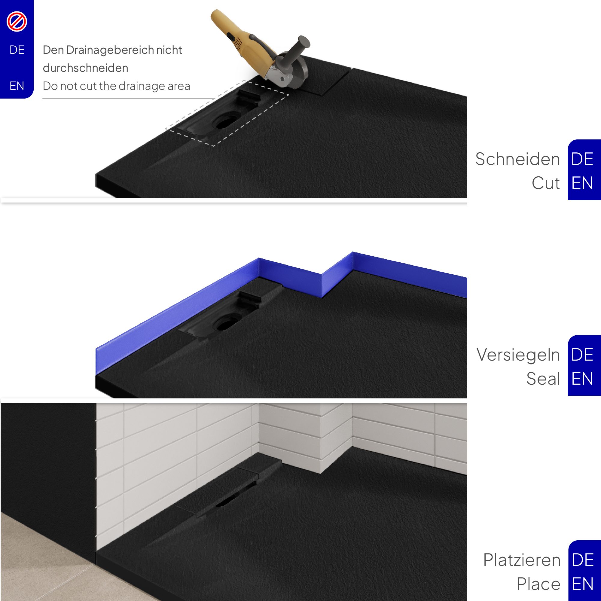 SMC Shower Tray Polar in Stone Look with Drain Assembly - Black