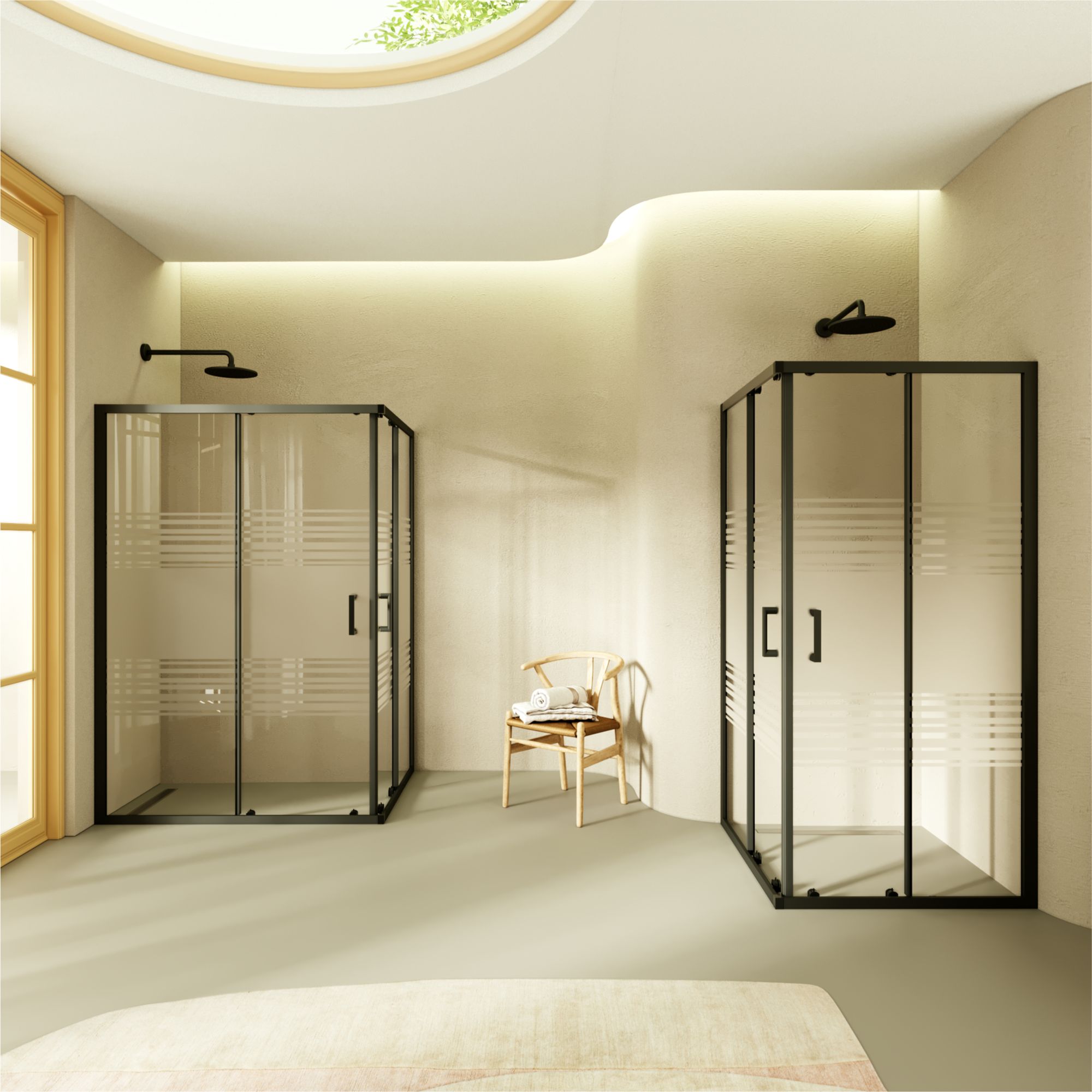 Eckeinstieg Danielle mit Schiebetüren aus teilsatiniertem ESG Sicherheitsglas