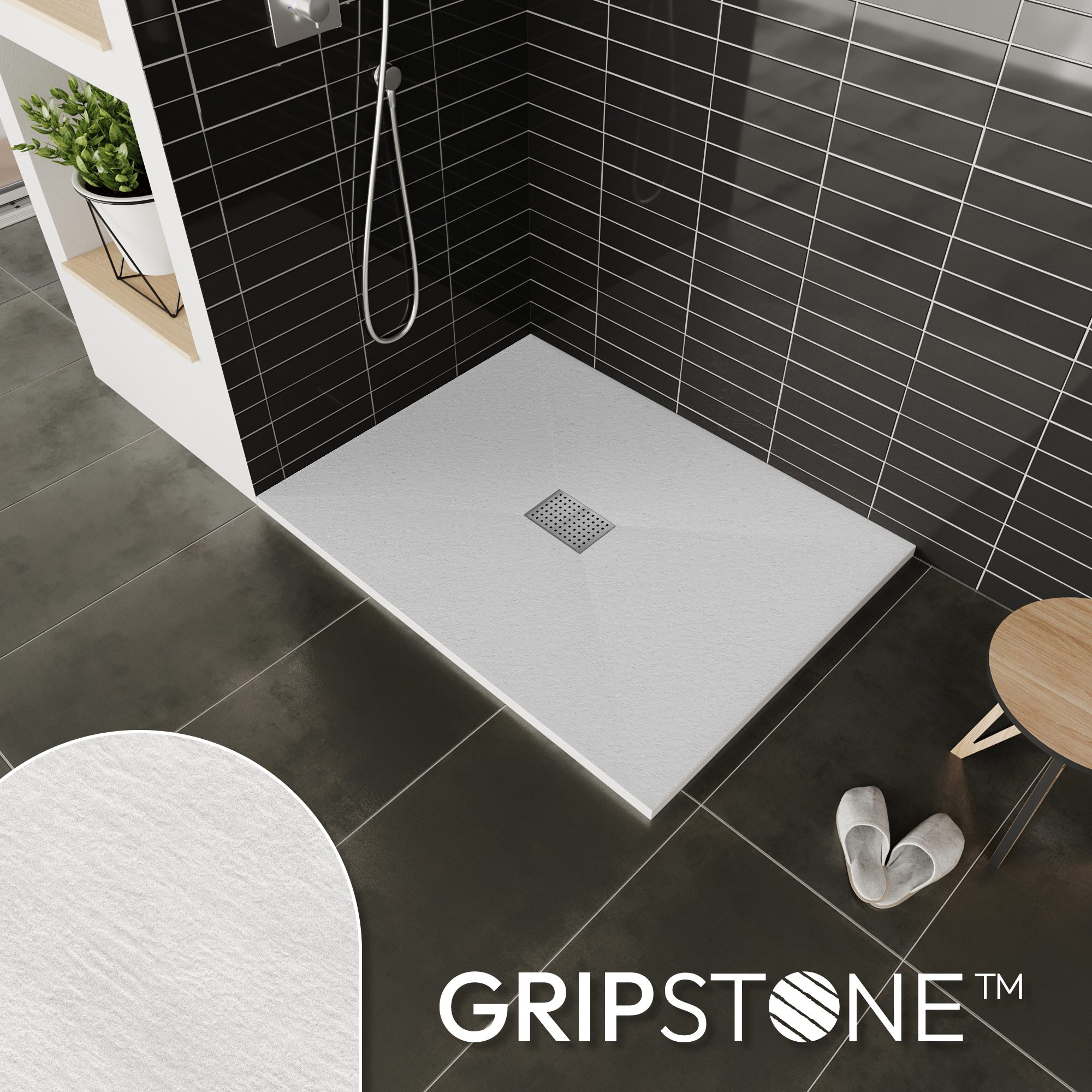 Tray – SMC Shower Boreal in Stone Look with Drain Assembly - Grey