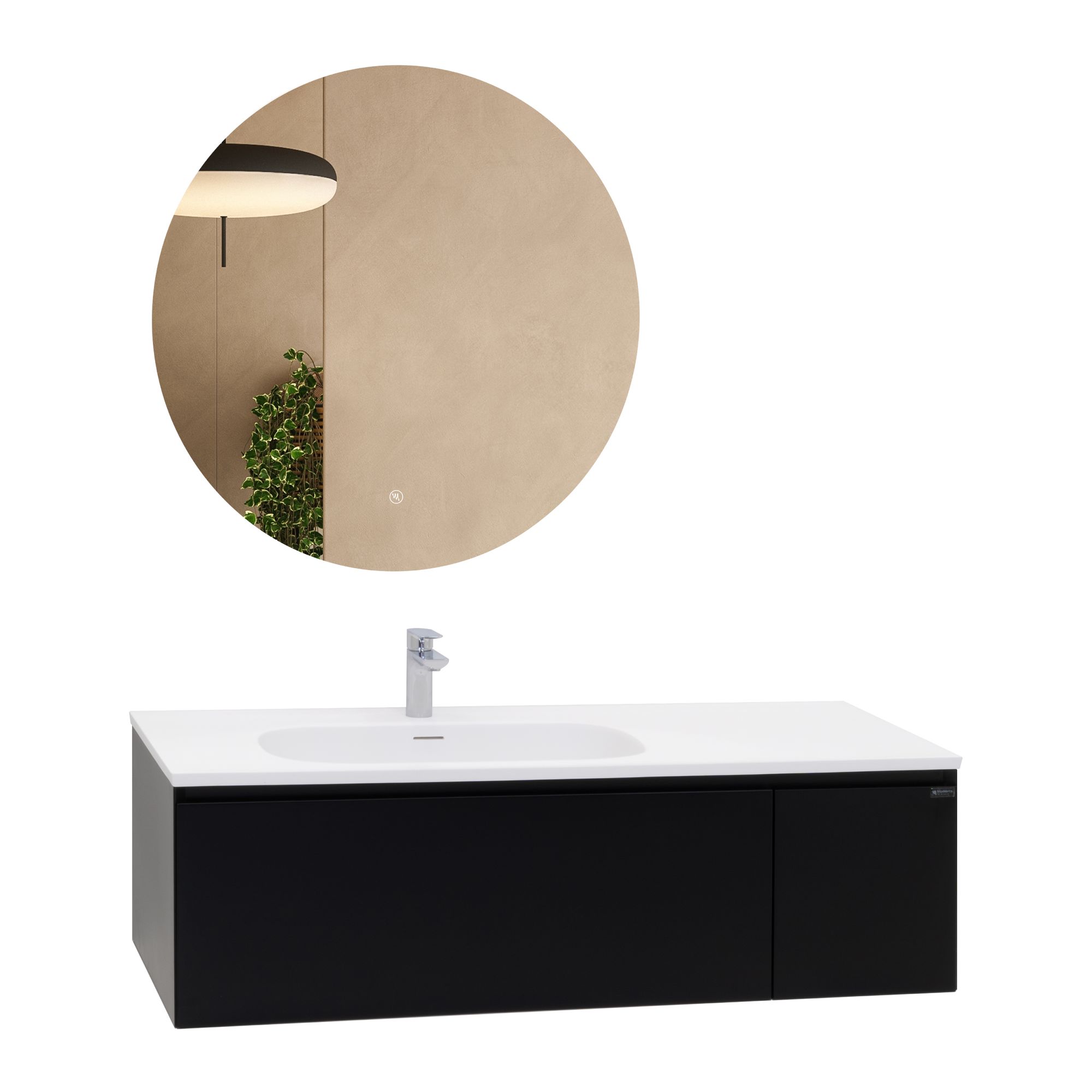 adezimmermöbel Dafne – 120 cm Schwarz Matt, Softclose & runder LED-Spiegel