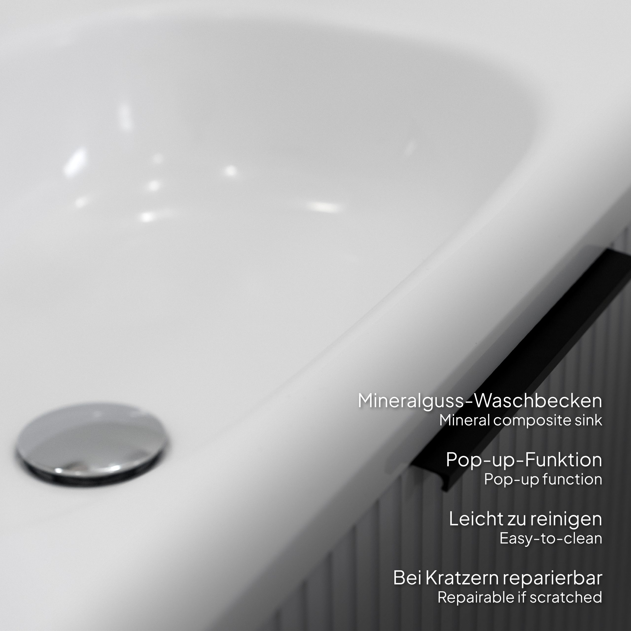 Badmöbel-Set Maia Plus White, wandhängend, mit lamellenförmigem Dekor, Mineralguss-Waschtisch und LED-Spiegel mit Antibeschlag