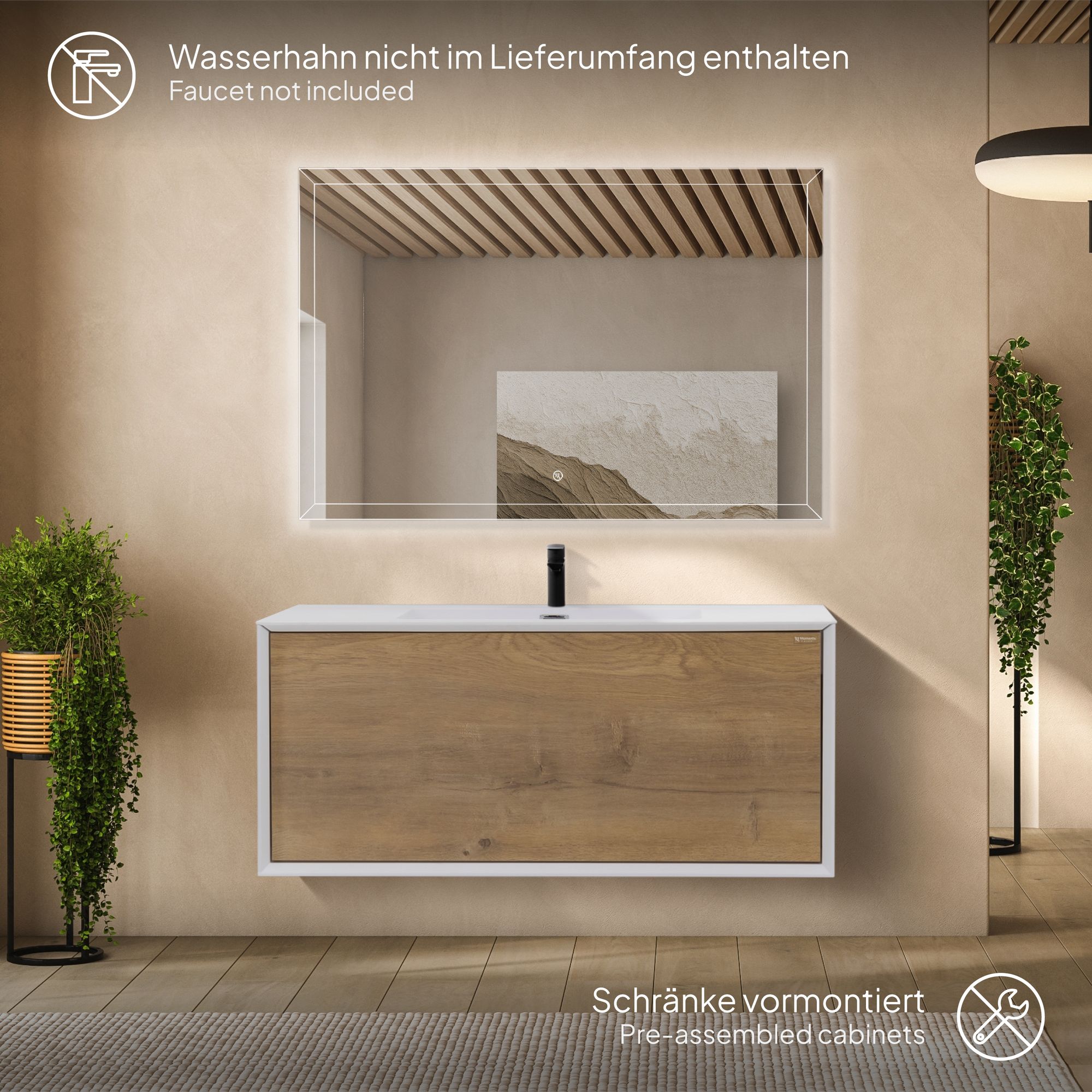 Badmöbelset Hebe 90 cm – Weiß Matt & Eiche, Mineralguss-Waschbecken & LED-Antibeschlag-Spiegel