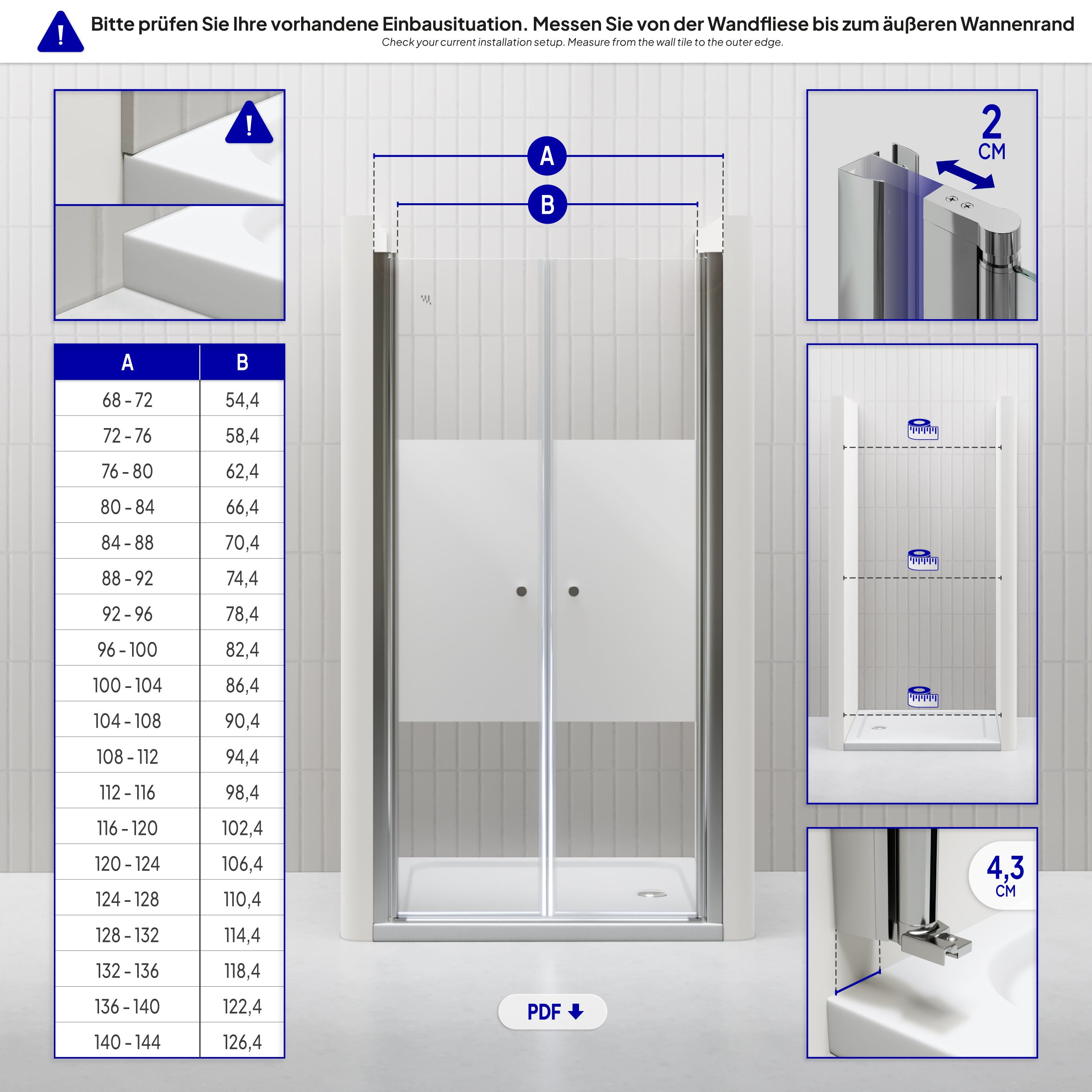 Shower Door Lima with Hinged Doors 68-140 cm made of Partially Frosted ESG Safety Glass Lima – Shower Door with Hinged Doors 68-140 cm made of Partially Frosted ESG Safety Glass