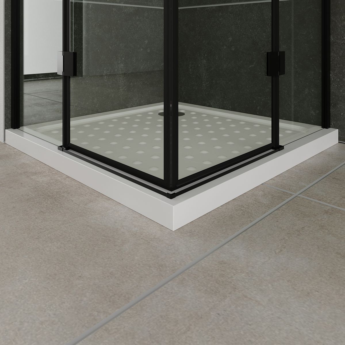 Eckeinstieg Celine mit Klapptüren und schwarzen Profilen aus ESG Sicherheitsglas Eckeinstieg Celine mit Klapptüren und schwarzen Profilen aus ESG Sicherheitsglas