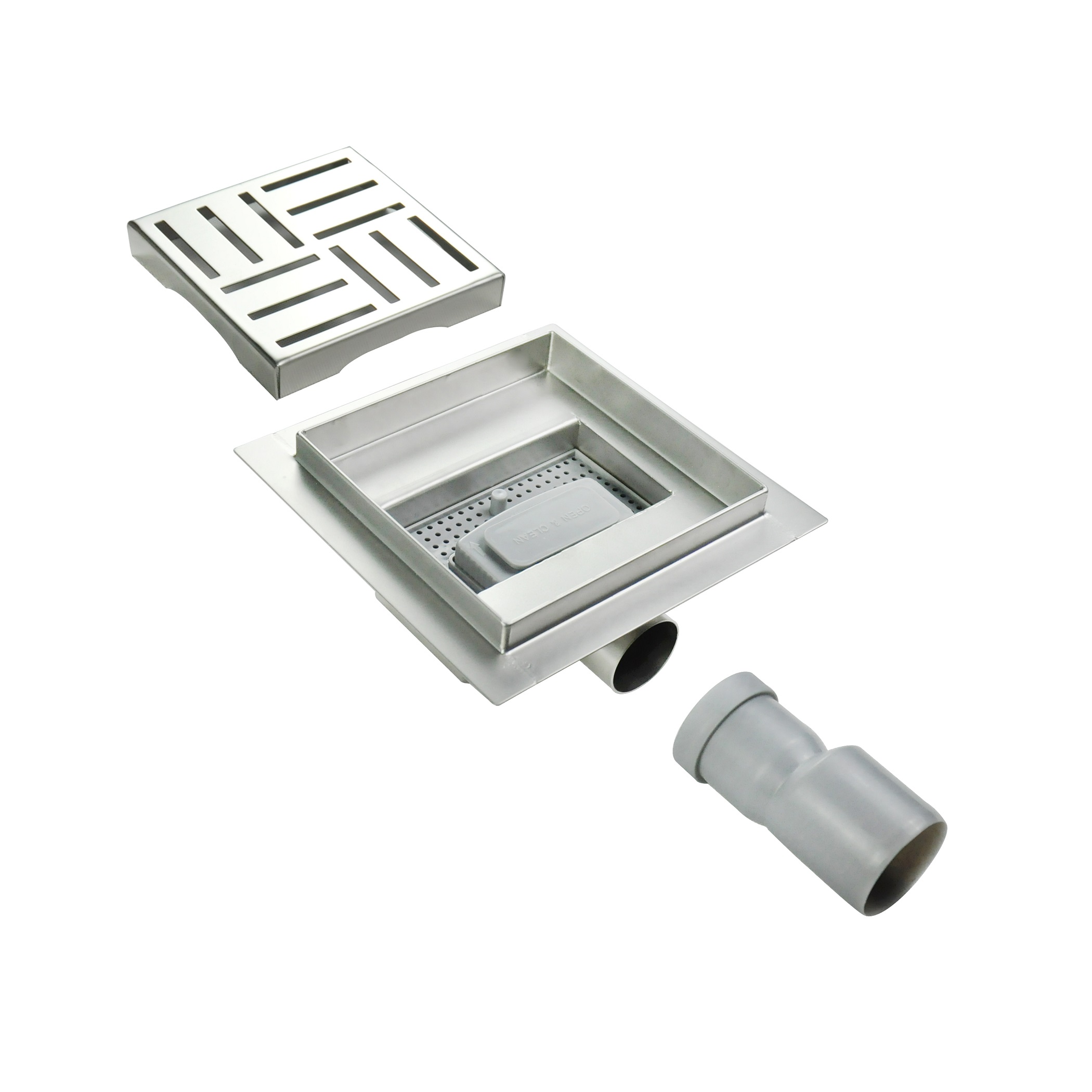 Square Shower Drain Q3 in Stainless Steel for Low-Profile Installation with Slot Design