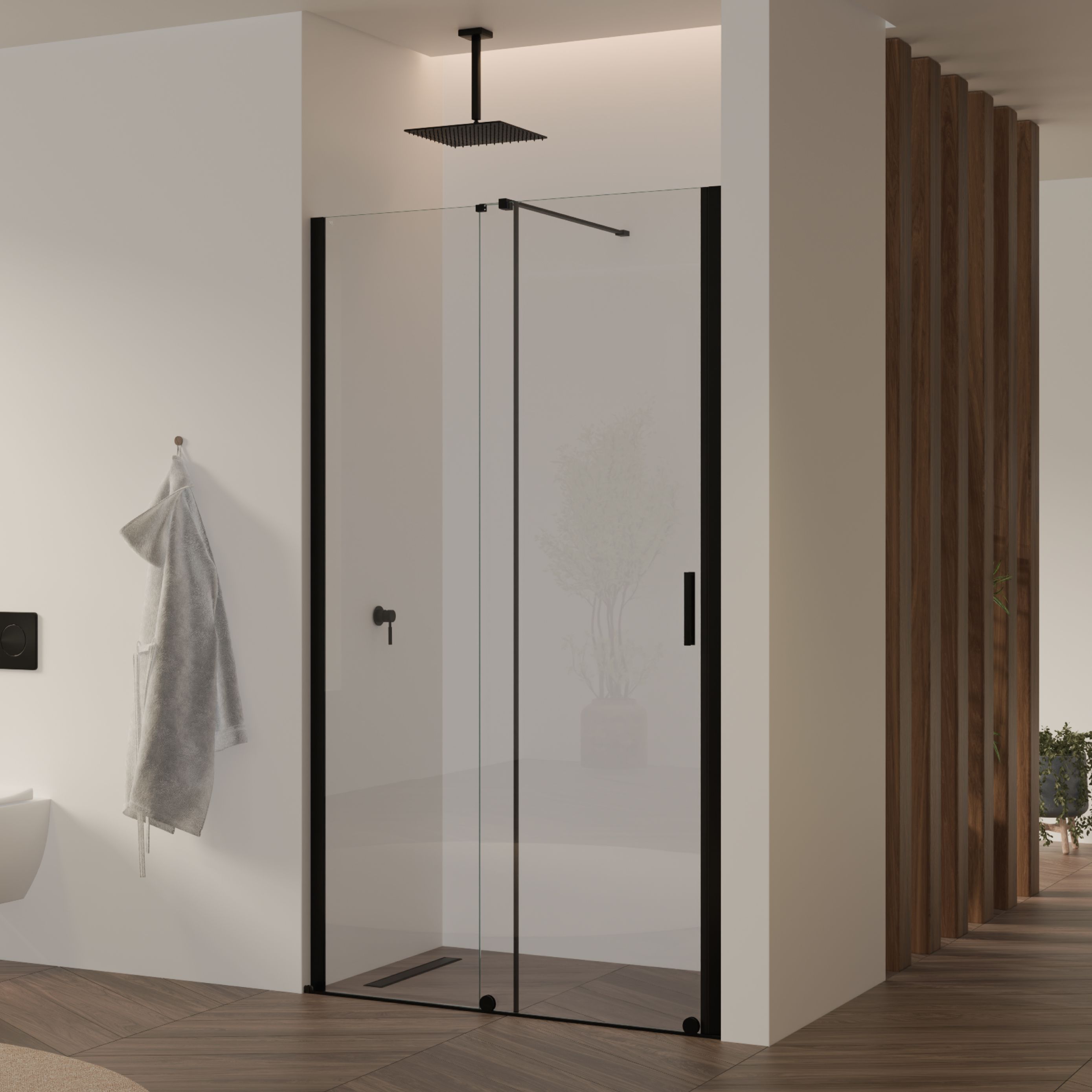 Shower Door Niche Door NADINE with Sliding Door in Black made of 8mm Tempered Clear Glass NADINE – Shower Door Niche Door with Sliding Door in Black made of 8mm Tempered Clear Glass