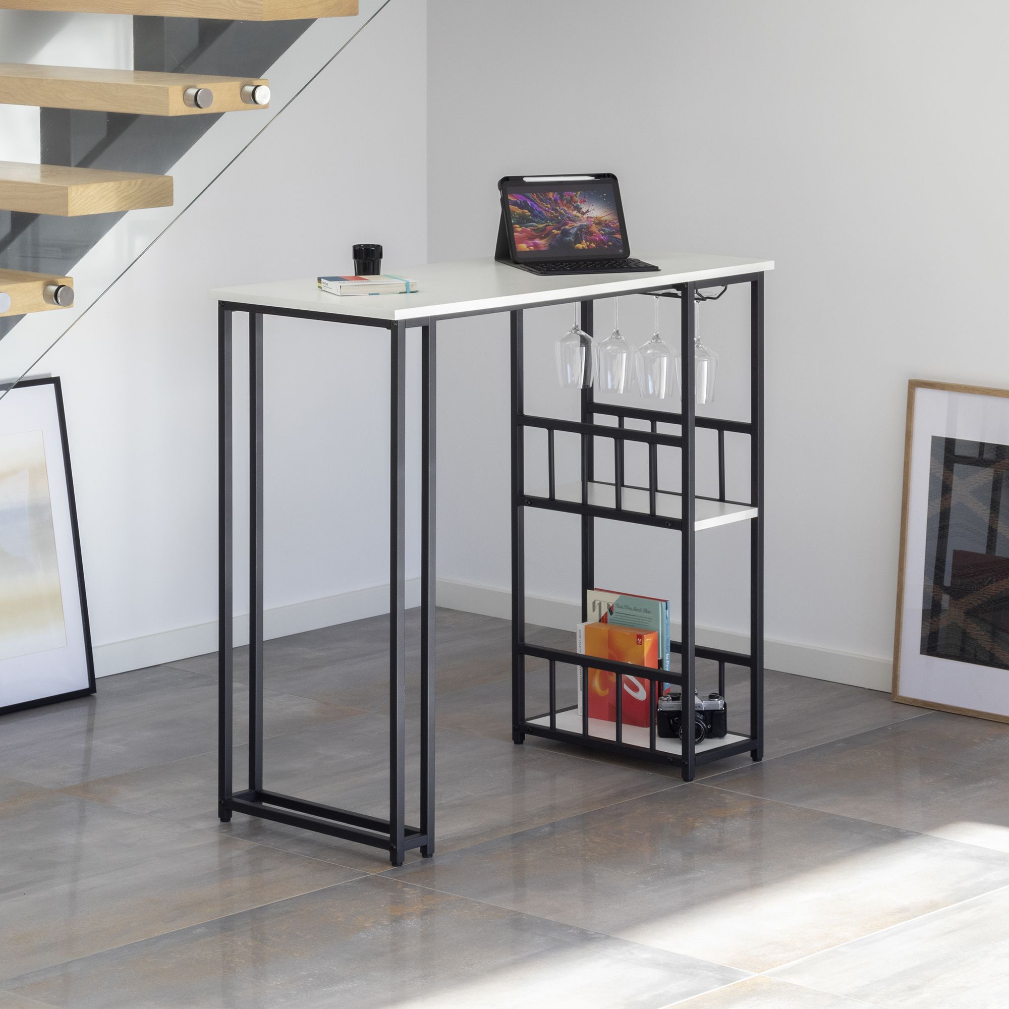 i-flair Standing Table Bar Table Gavin – Standing Table with Steel Frame and 2 Shelves & Glass Holder in White i-flair Standing Table Bar Table Gavin – Standing Table with Steel Frame and 2 Shelves & Glass Holder in White