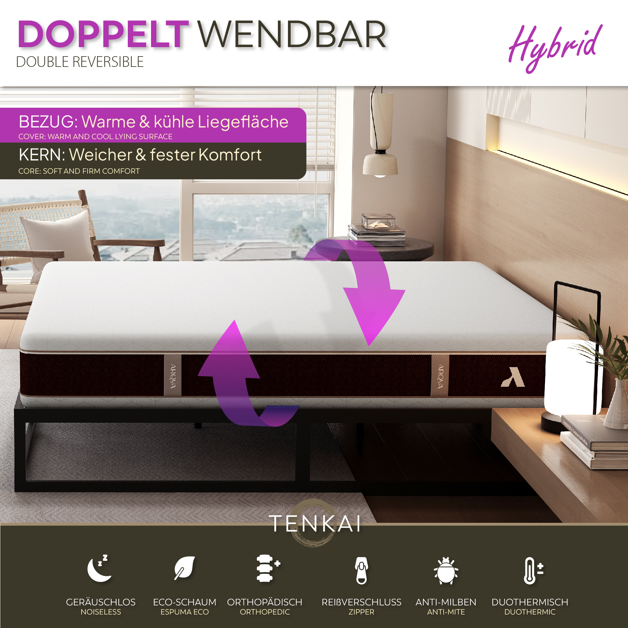 Matratze Tenkai – Hybride Matratze mit Taschenfedern und 7 ergonomischen Zonen