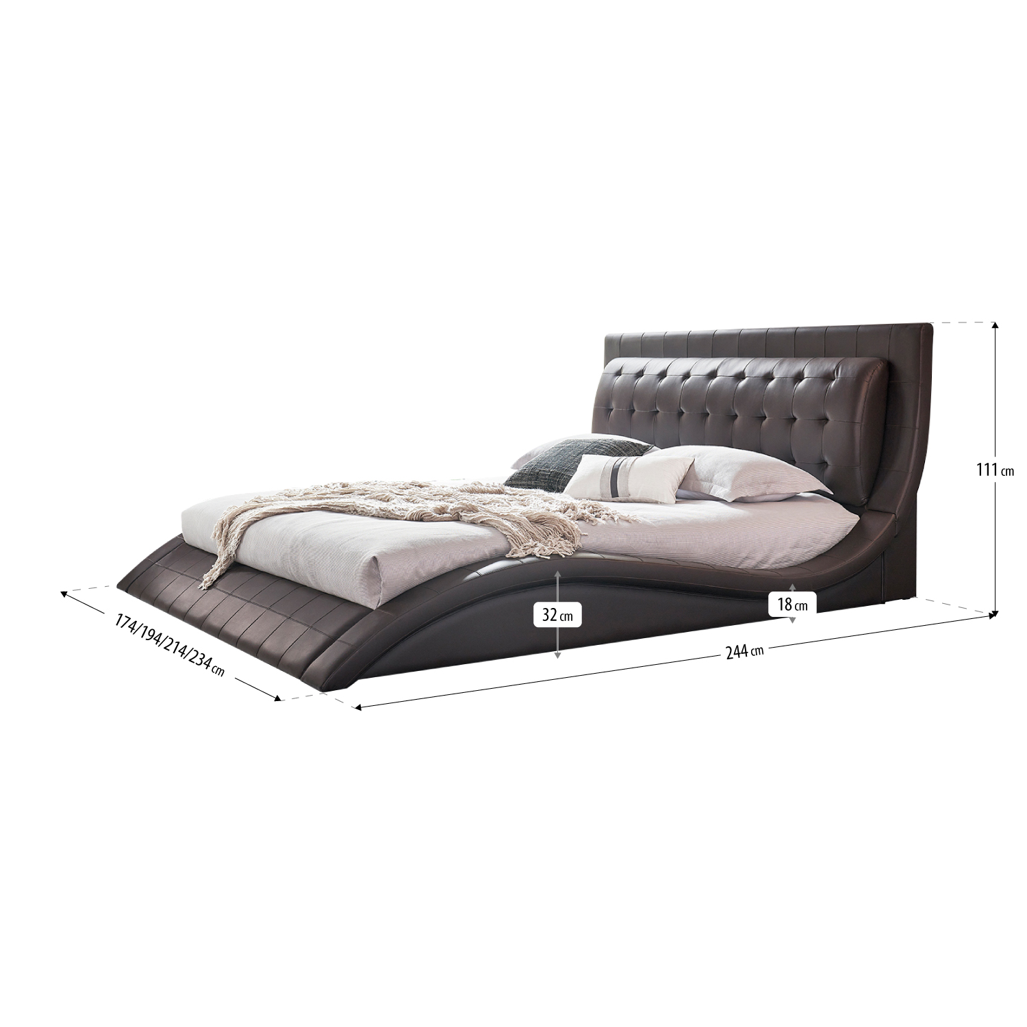Polsterbett St. Tropez in braun mit Lederknöpfen 140x200 cm Design Upholstered Bed St. Tropez in Brown with Leather Buttons