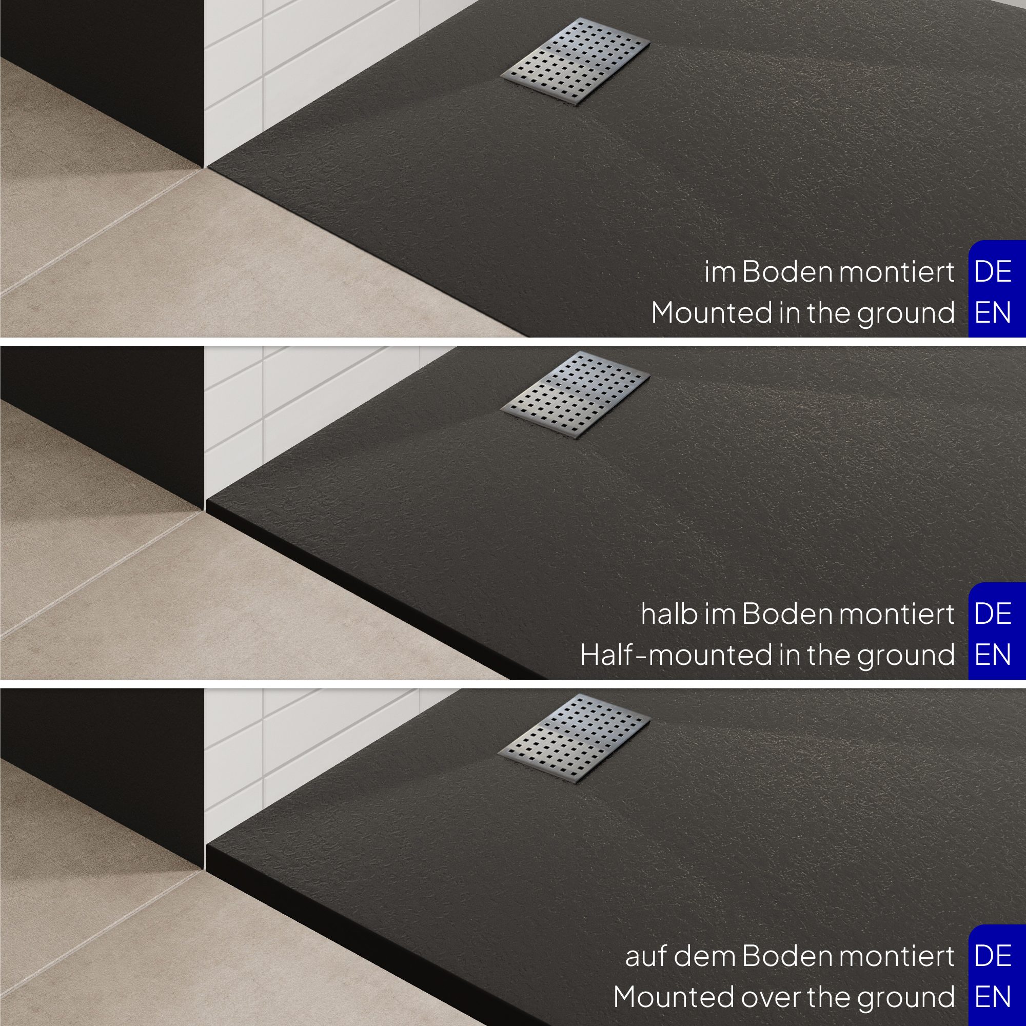 07-Install-Black-DE-EN.jpg SMC Shower Tray Boreal in Stone Look with Drain Assembly - Grey