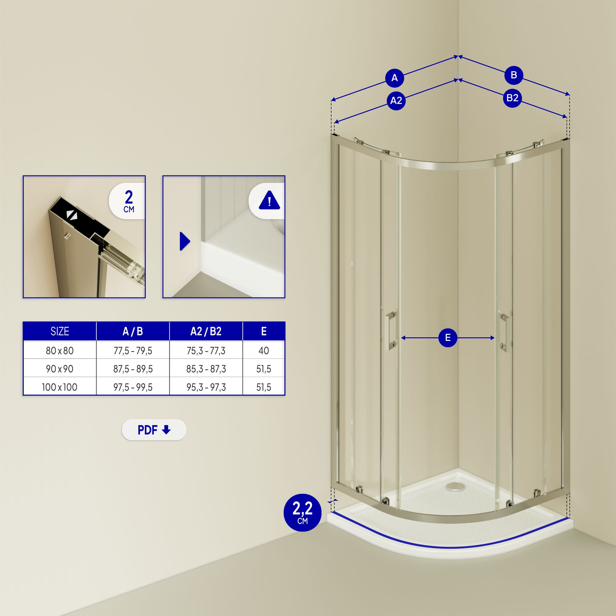 Viertelkreisdusche Ella mit Schiebetüren aus ESG Sicherheitsglas Viertelkreisdusche Ella mit Schiebetüren aus ESG Sicherheitsglas