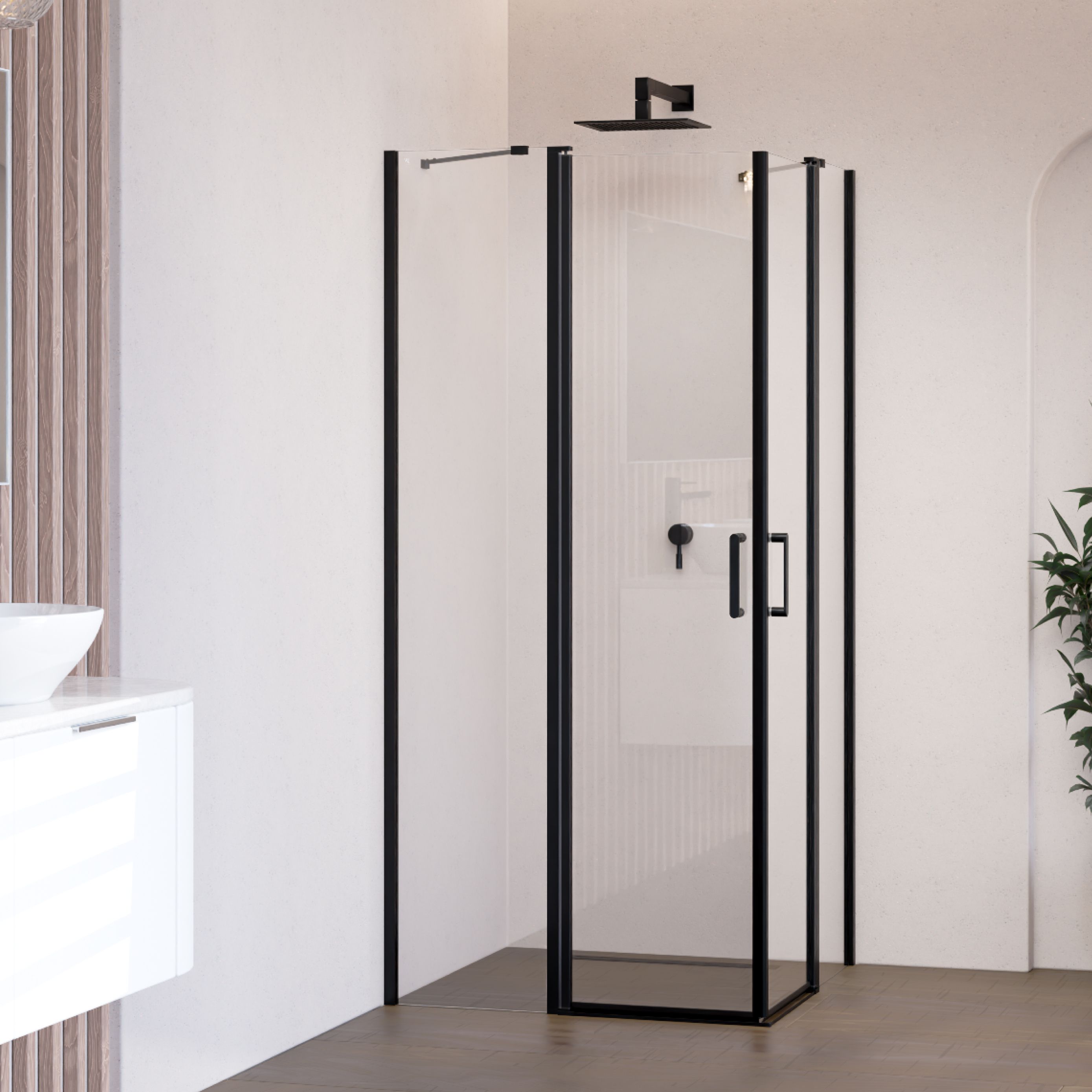 Corner Entry Linda with Folding Doors and Black Profiles Made of ESG Safety Glass Corner Entry Linda with Folding Doors and Black Profiles Made of ESG Safety Glass