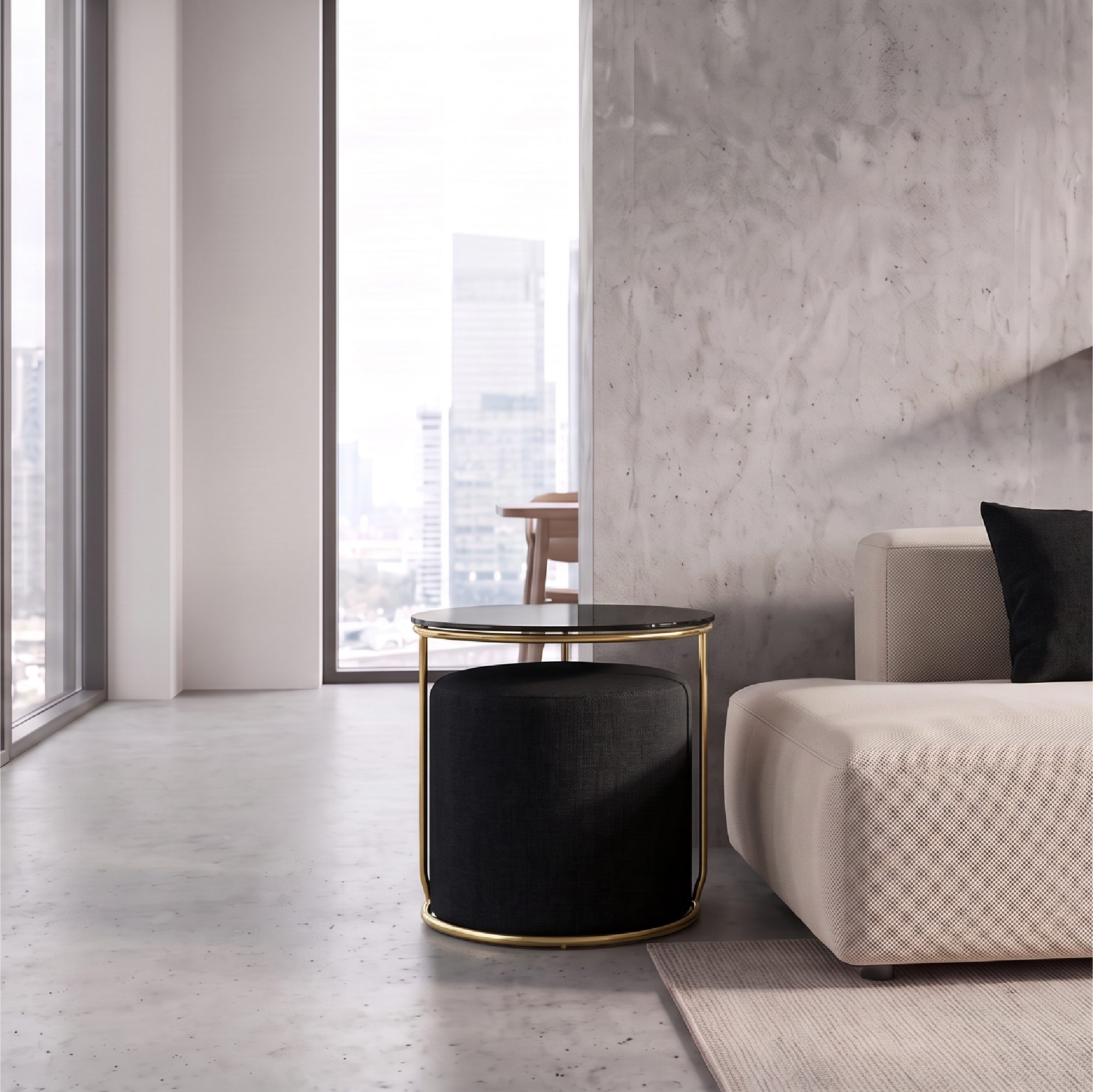 Side Table with Stool JASPER - Round Coffee Table 40x40 cm Gold-Black N3