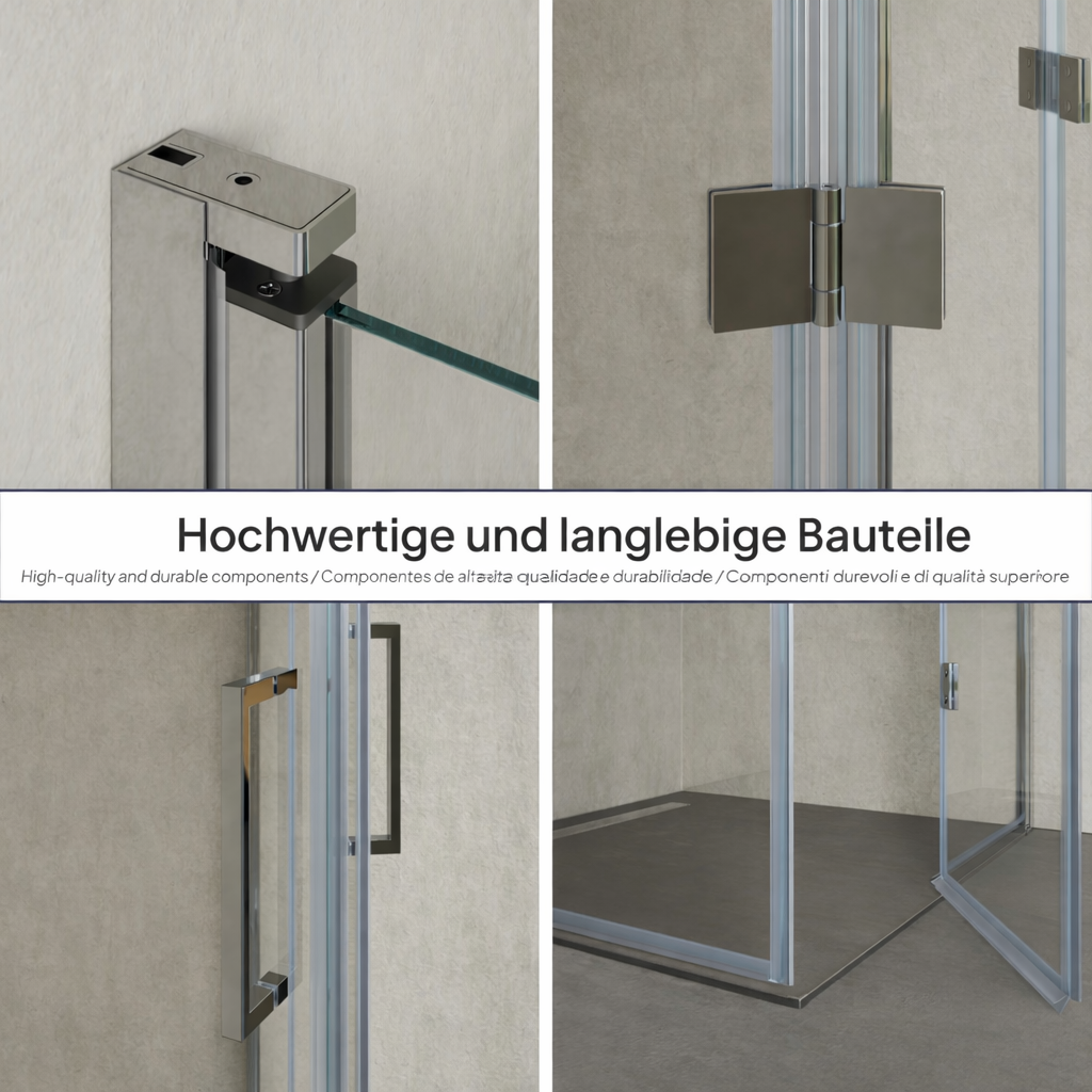 Corner entry Belle with folding doors made of 6mm tempered safety glass Belle – Eckeinstieg mit Falttüren aus 6mm ESG Sicherheitsglas