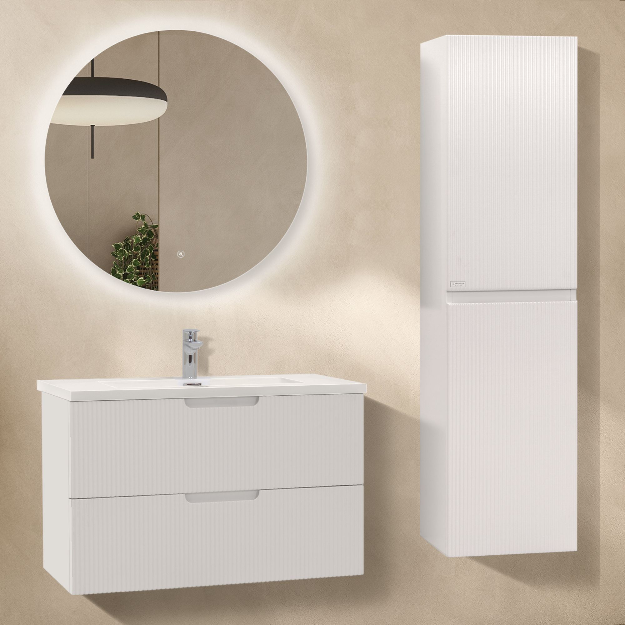 Badmöbelset Tália Modular – Weißer Resin-Waschtisch, Wandhängender Schrank, Rundspiegel & Seitenmodul (60/80/100 cm) Modular – Badmöbelset Tália – Weißer Resin-Waschtisch, Wandhängender Schrank in Weiß, Rundspiegel & Seitenmodul (60/80/100 cm)