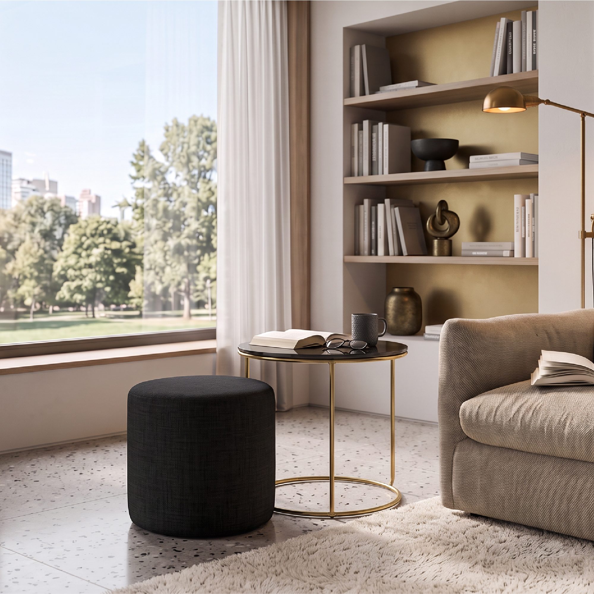 Side Table with Stool JASPER - Round Coffee Table 40x40 cm Gold-Black N3