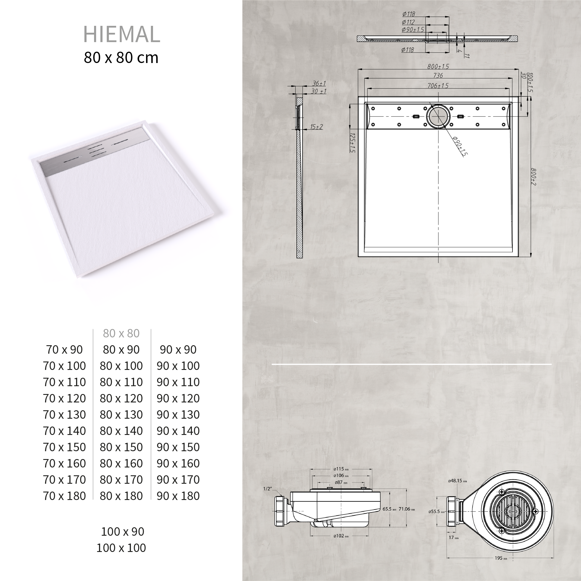 SMC Duschwanne Hiemal in Schieferoptik inkl. Ablaufgarnitur Weiß 80x80 cm