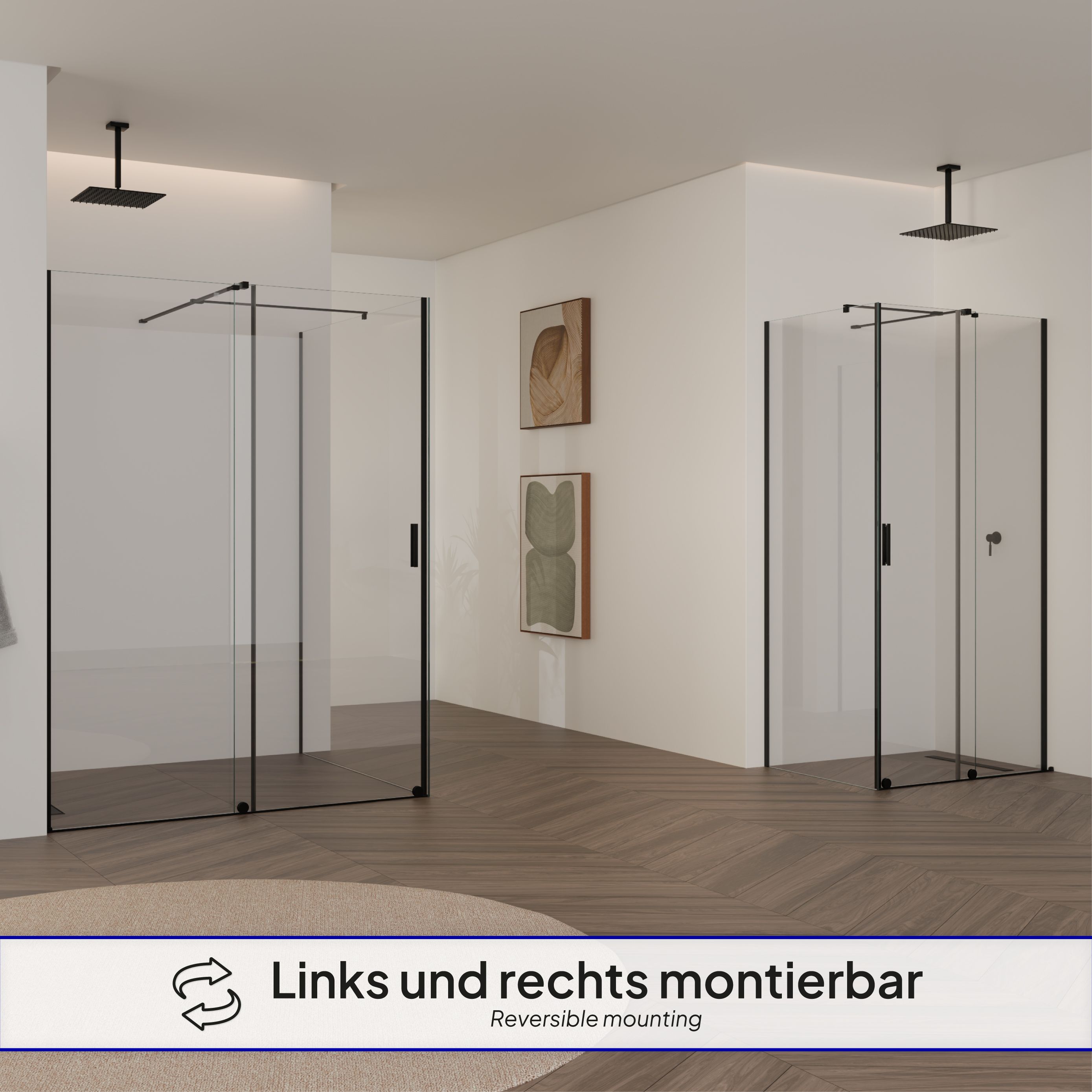 Front-entry NADINE with sliding door in black made of 8mm tempered clear glass.