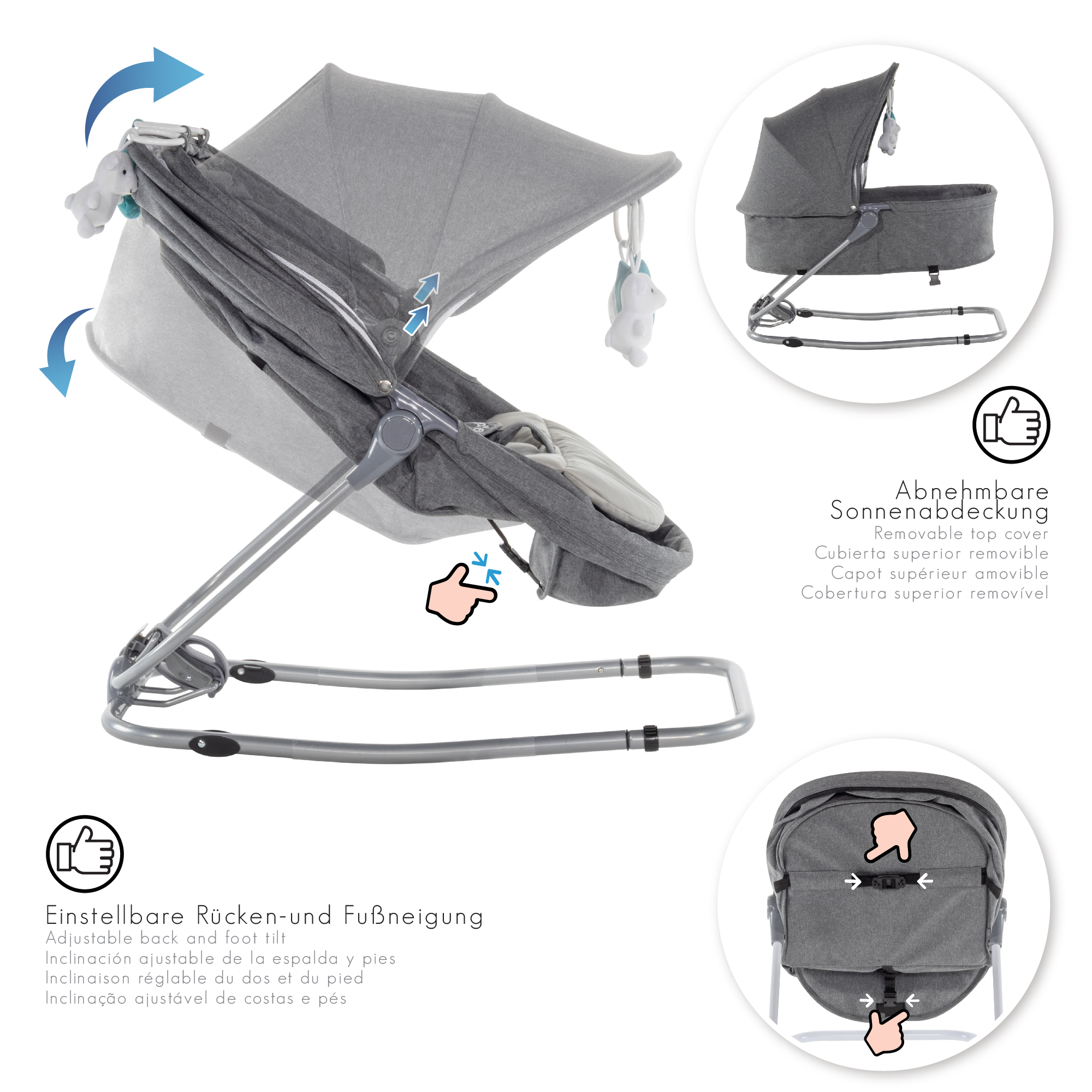 Babywippe PAVO mit Wiegenfunktion und Spielebogen Grau + Grau Babywippe PAVO mit Wiegenfunktion und Spielebogen Grau + Grau