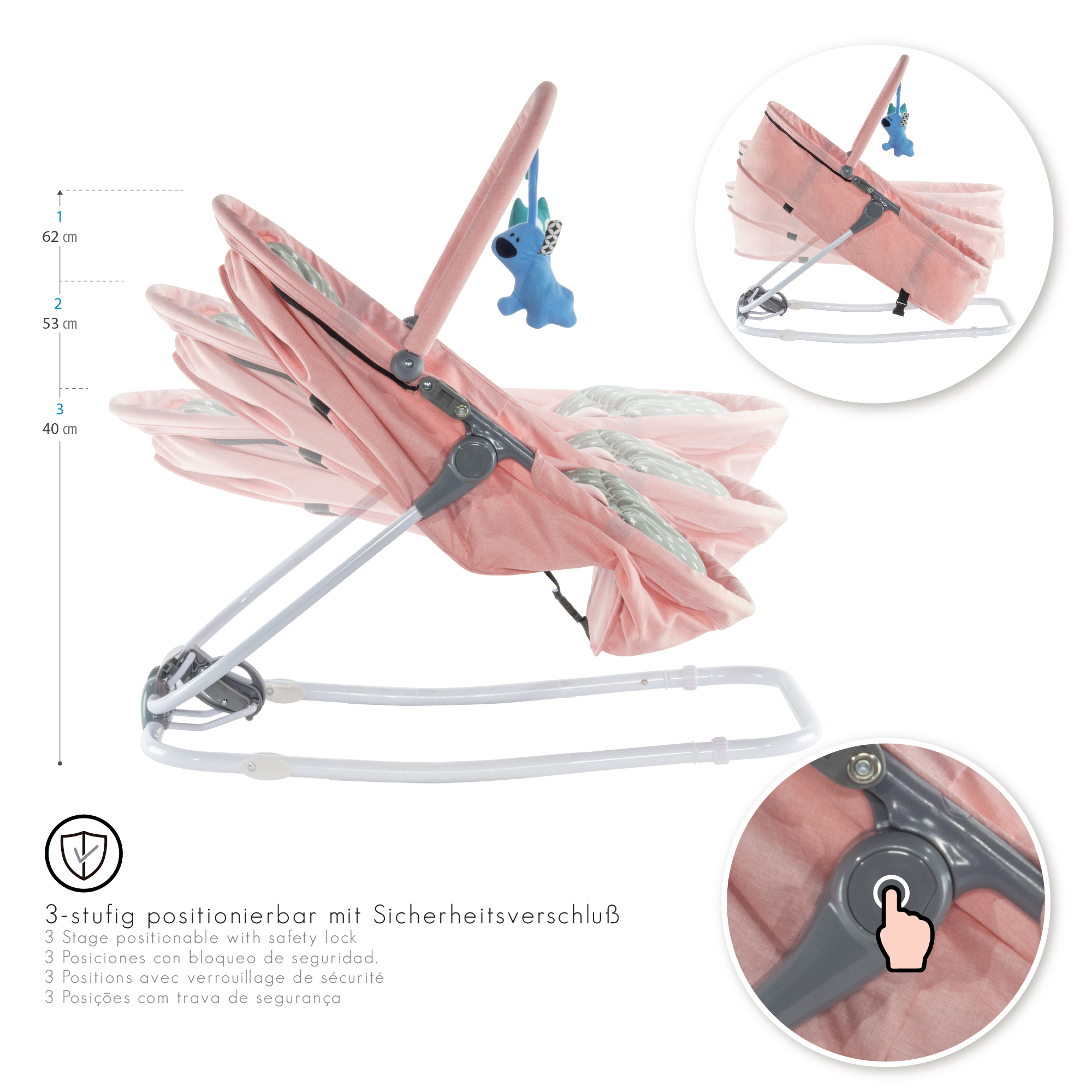 Babywippe PAVO mit Wiegenfunktion und Spielebogen